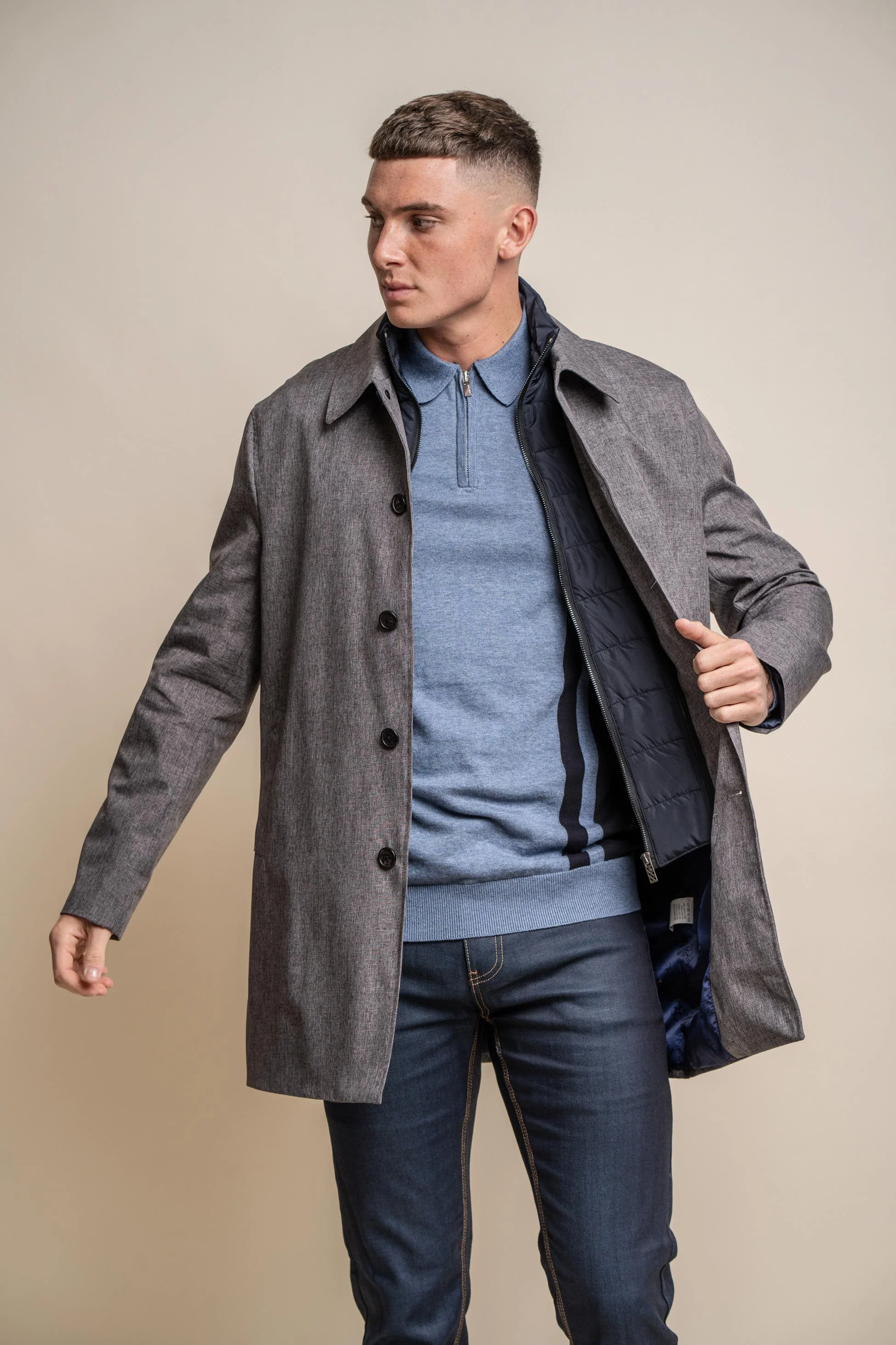 Men's Midi Length Geke Coat with Removable Zipper - BRANDO - Grey - Image 3