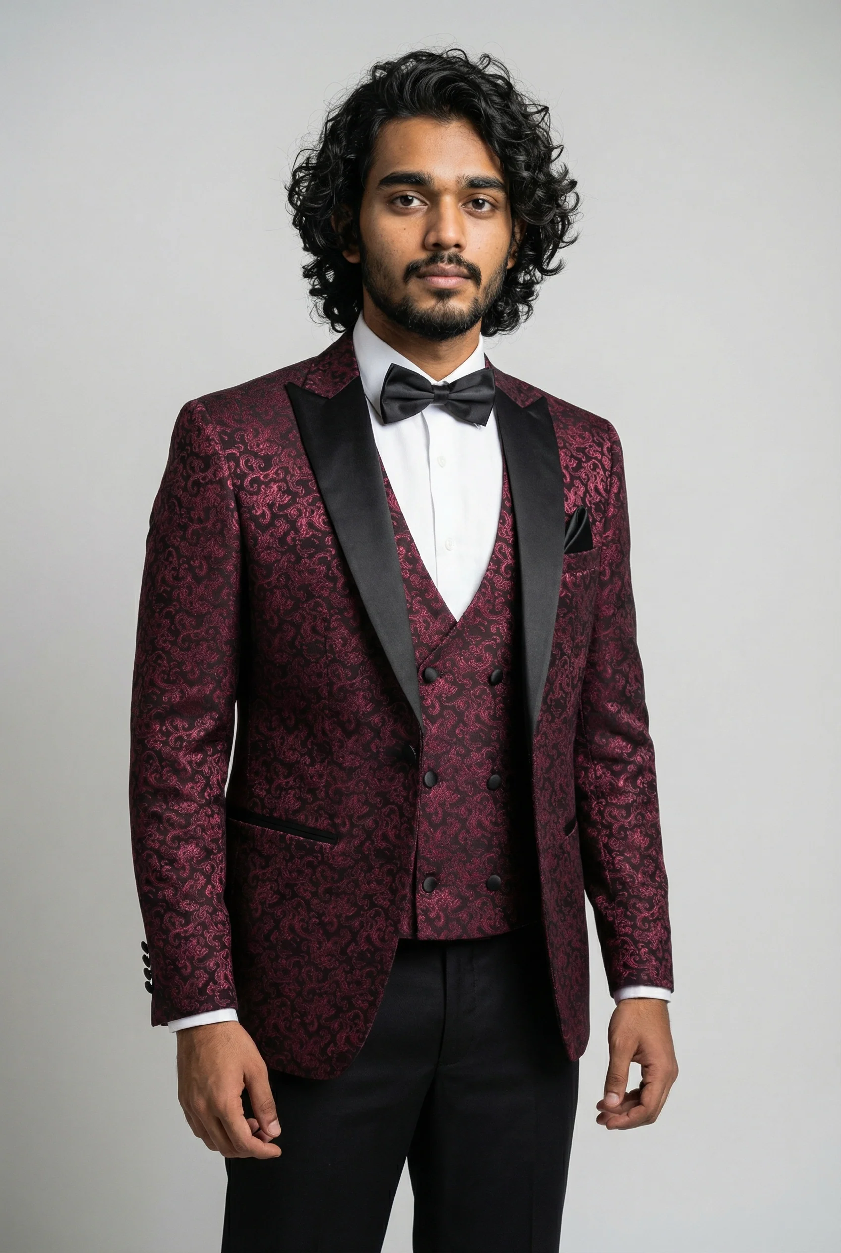 Men's Patterned Shimmer Tuxedo Suit - AARON - Burgundy - Image 2