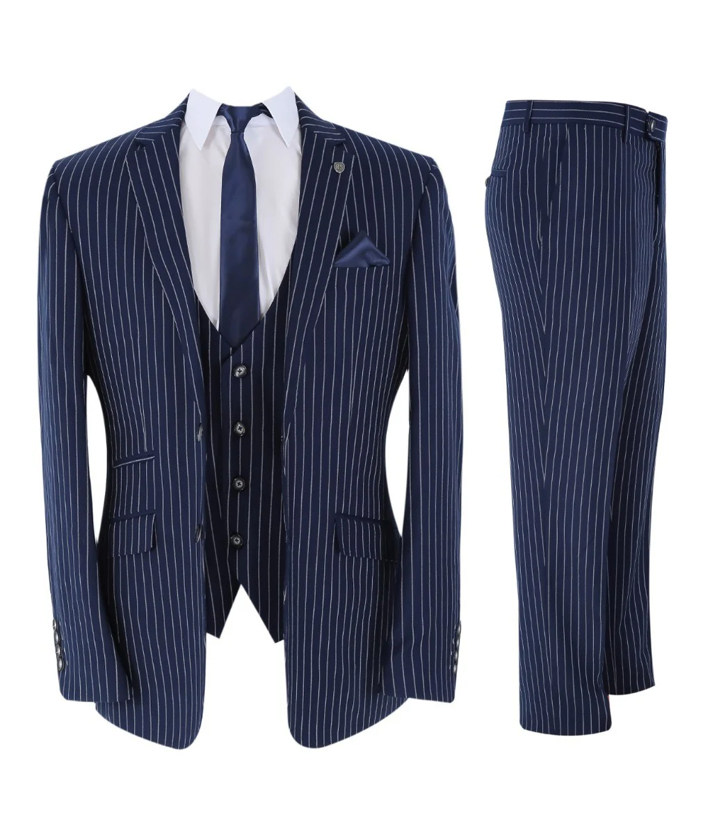 Men's Tailored Fit Pinstripe Suit - MASON - Navy Blue - Image 10
