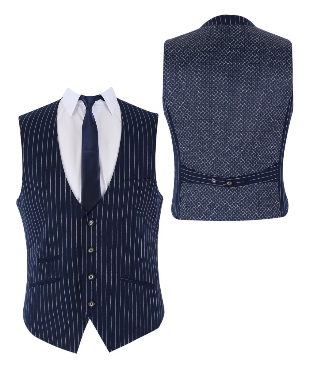 Men's Tailored Fit Pinstripe Suit - MASON - Navy Blue - Image 11