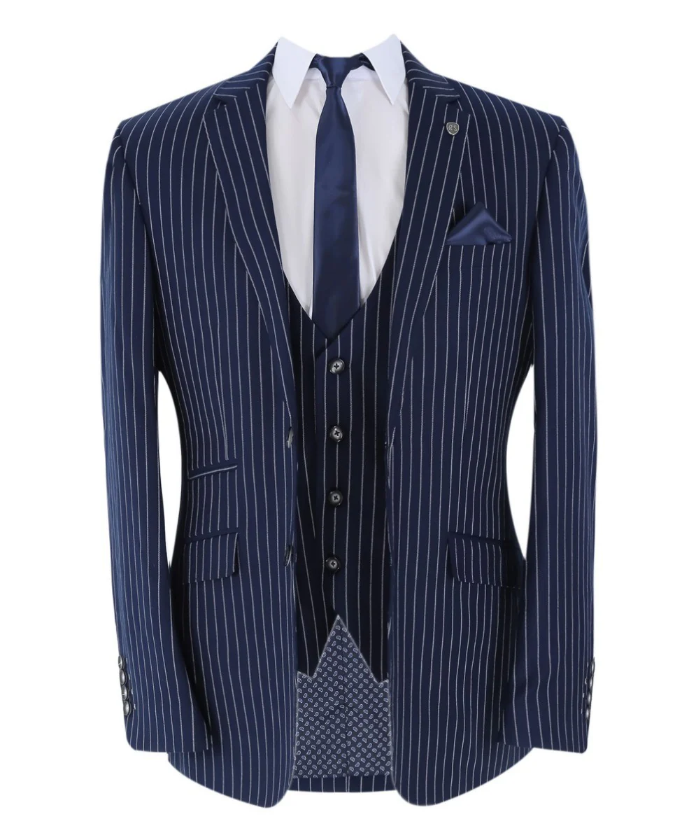 Men's Tailored Fit Pinstripe Suit - MASON - Navy Blue - Image 4