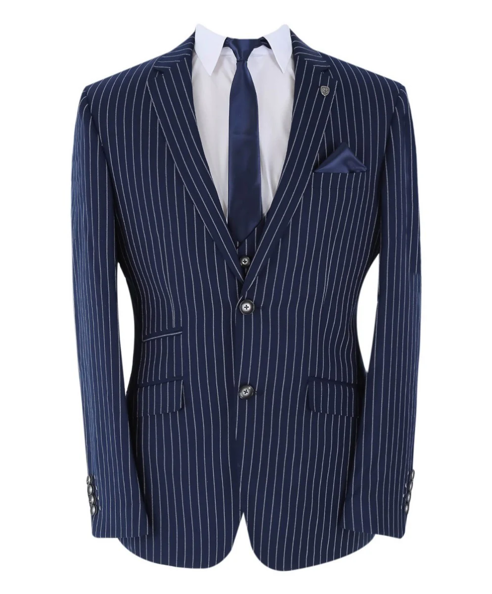 Men's Tailored Fit Pinstripe Suit - MASON - Navy Blue - Image 5