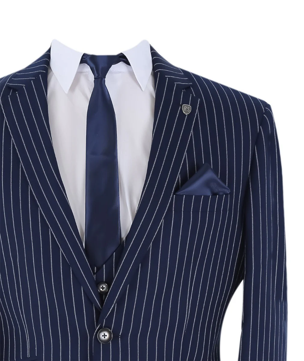 Men's Tailored Fit Pinstripe Suit - MASON - Navy Blue - Image 6