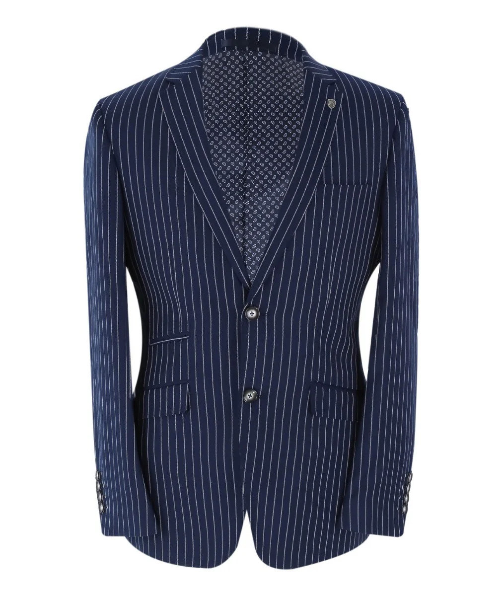 Men's Tailored Fit Pinstripe Suit - MASON - Navy Blue - Image 7