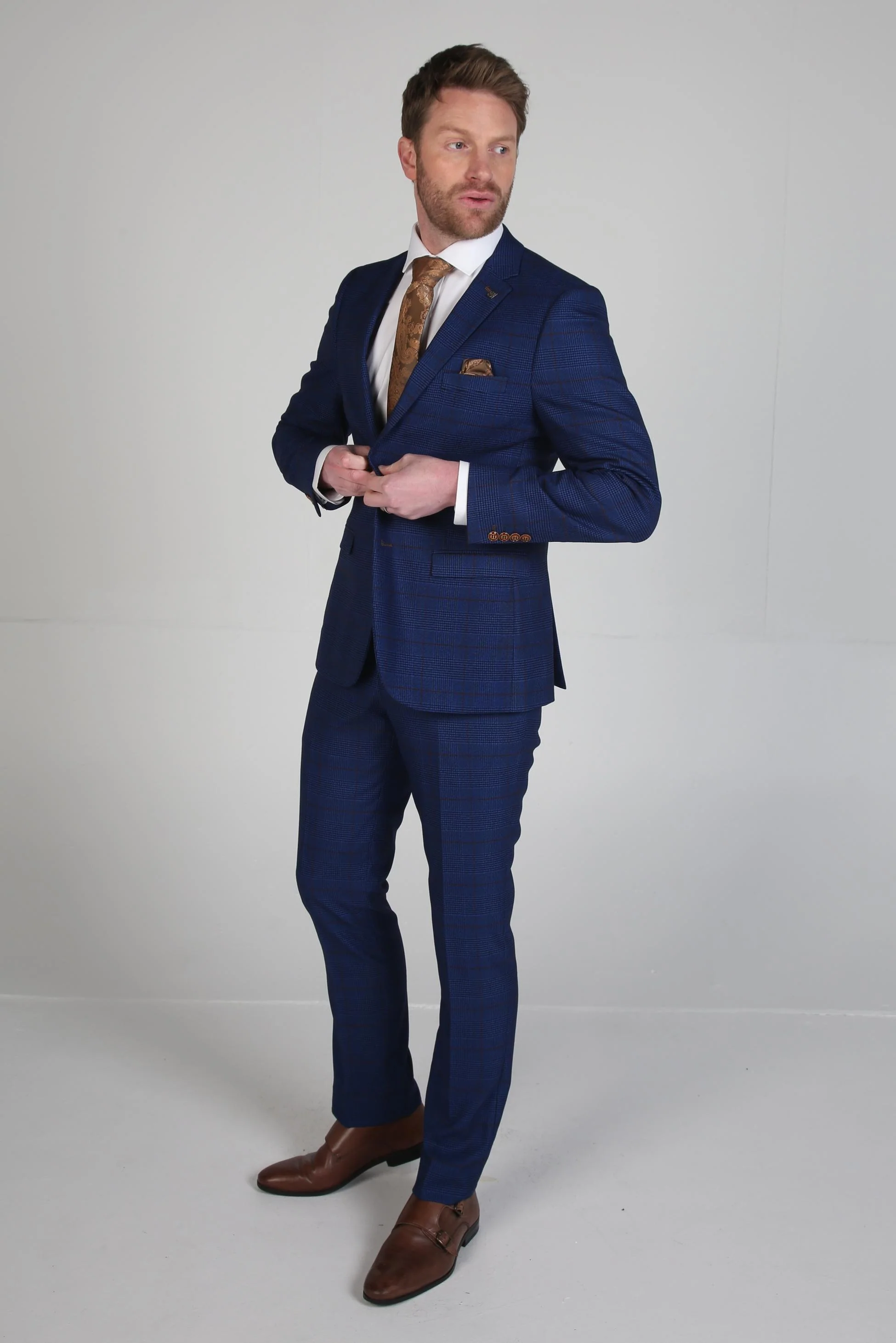 Men's Tweed Windowpane Formal Navy Suit - ALEX - Royal Blue - Image 4
