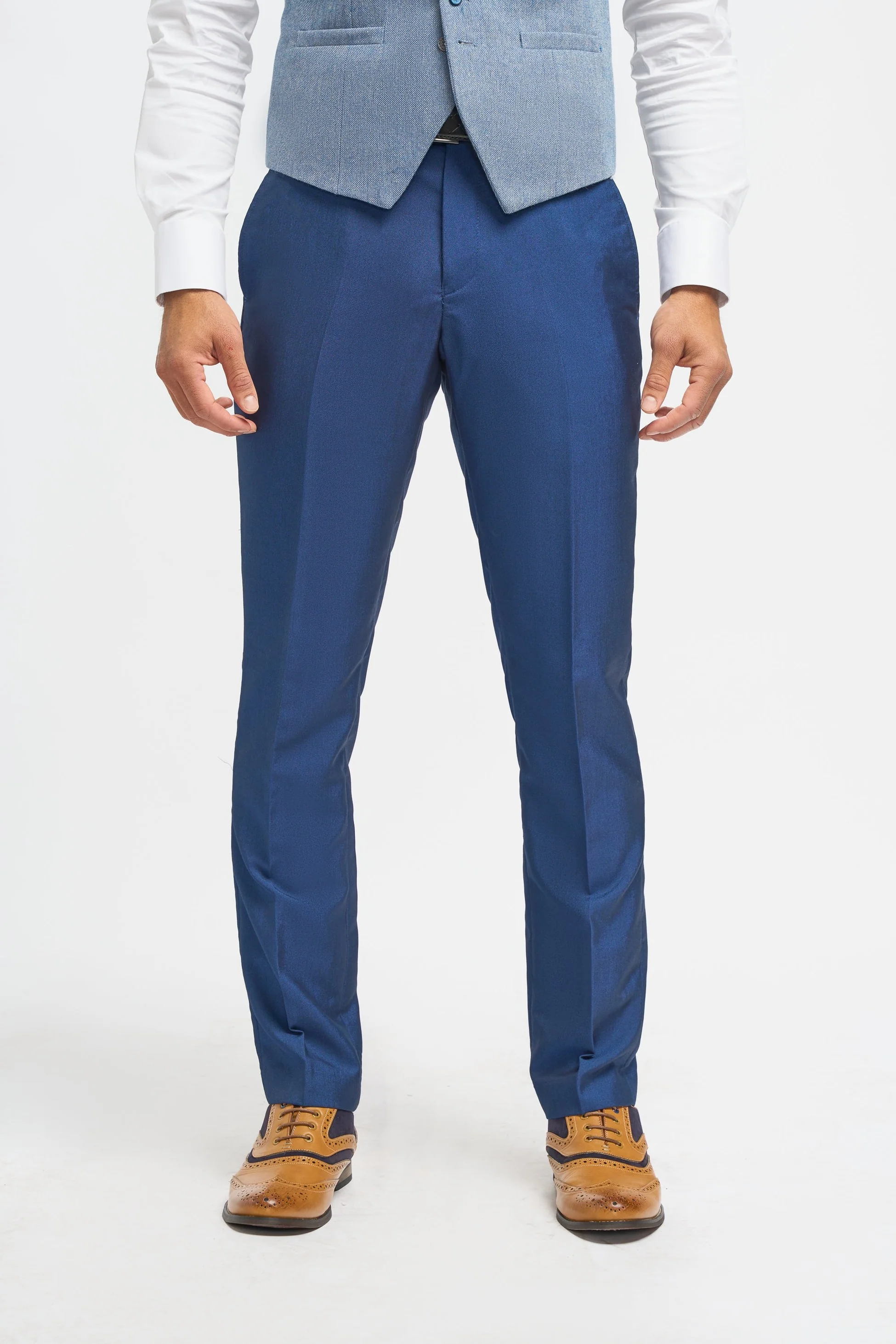 Men's Royal Blue Slim Fit 3-Piece Wedding Suit with Light Blue Tweed Waistcoat - Navy Blue - Image 10