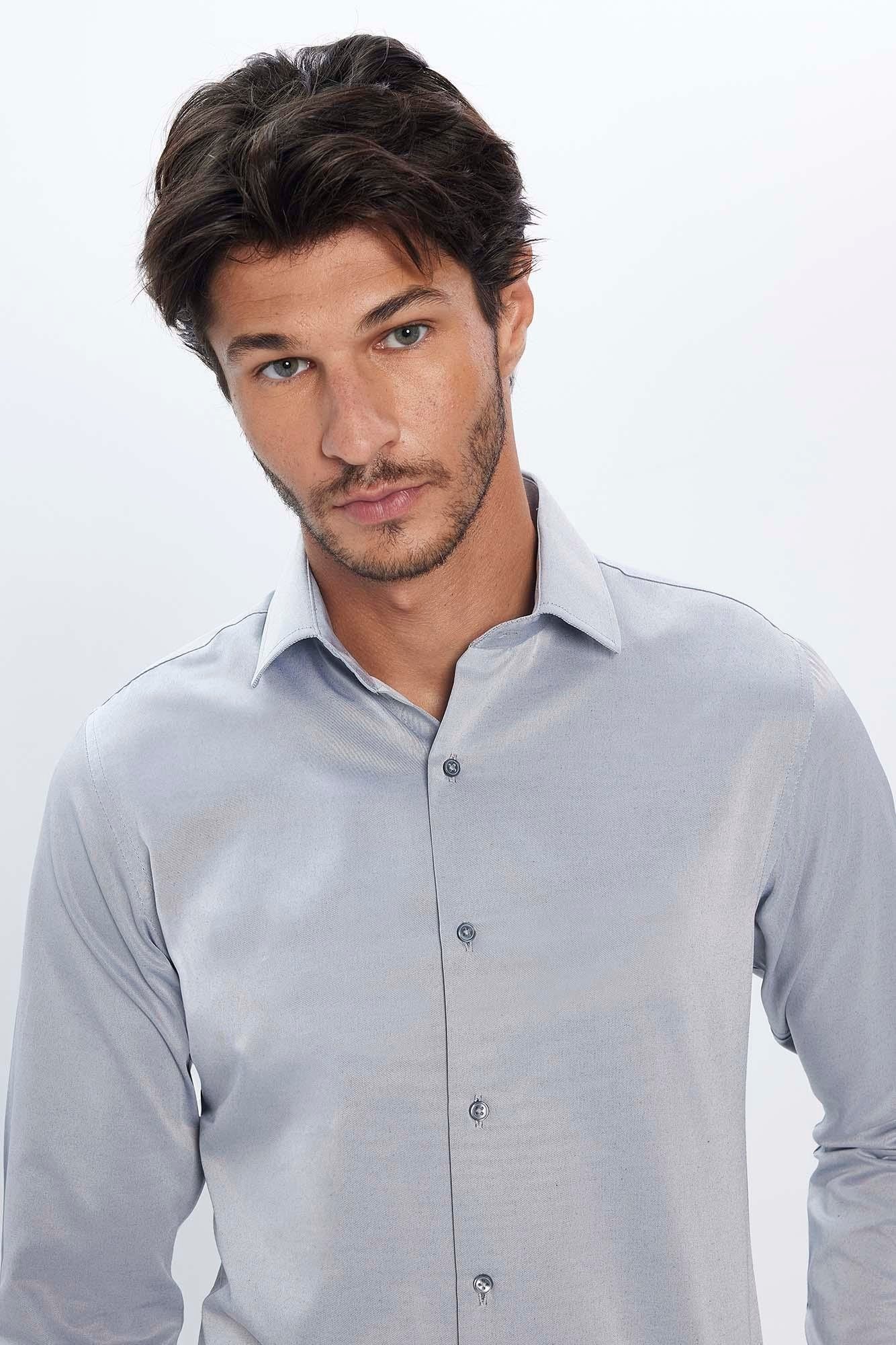 Men's Slim Fit Button-Down Cotton Blend Dress Shirt - Dimi Dotti - Grey - Image 4