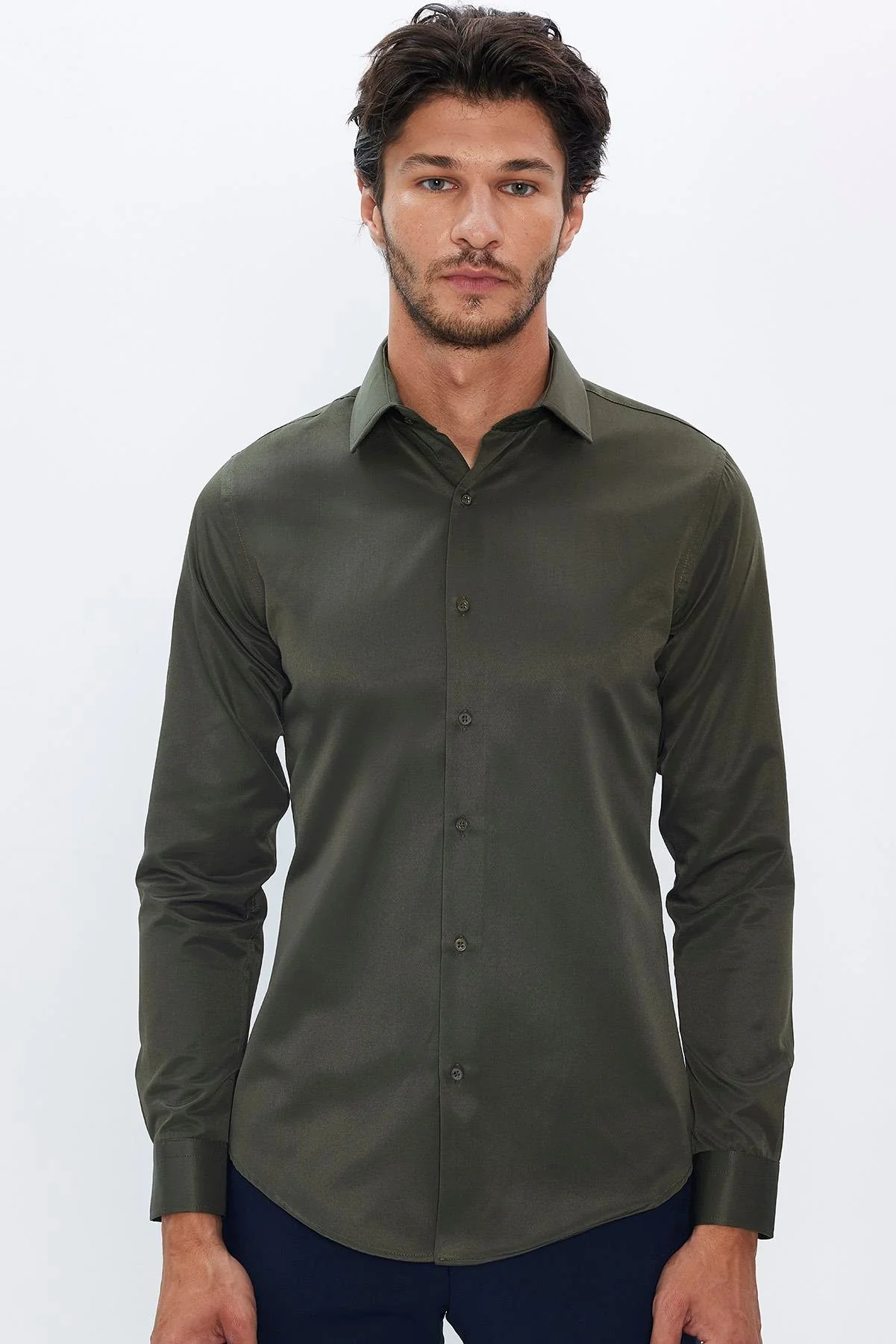 Men's Slim Fit Button-Down Cotton Blend Dress Shirt - Dimi Dotti - Khaki Green - Image 2