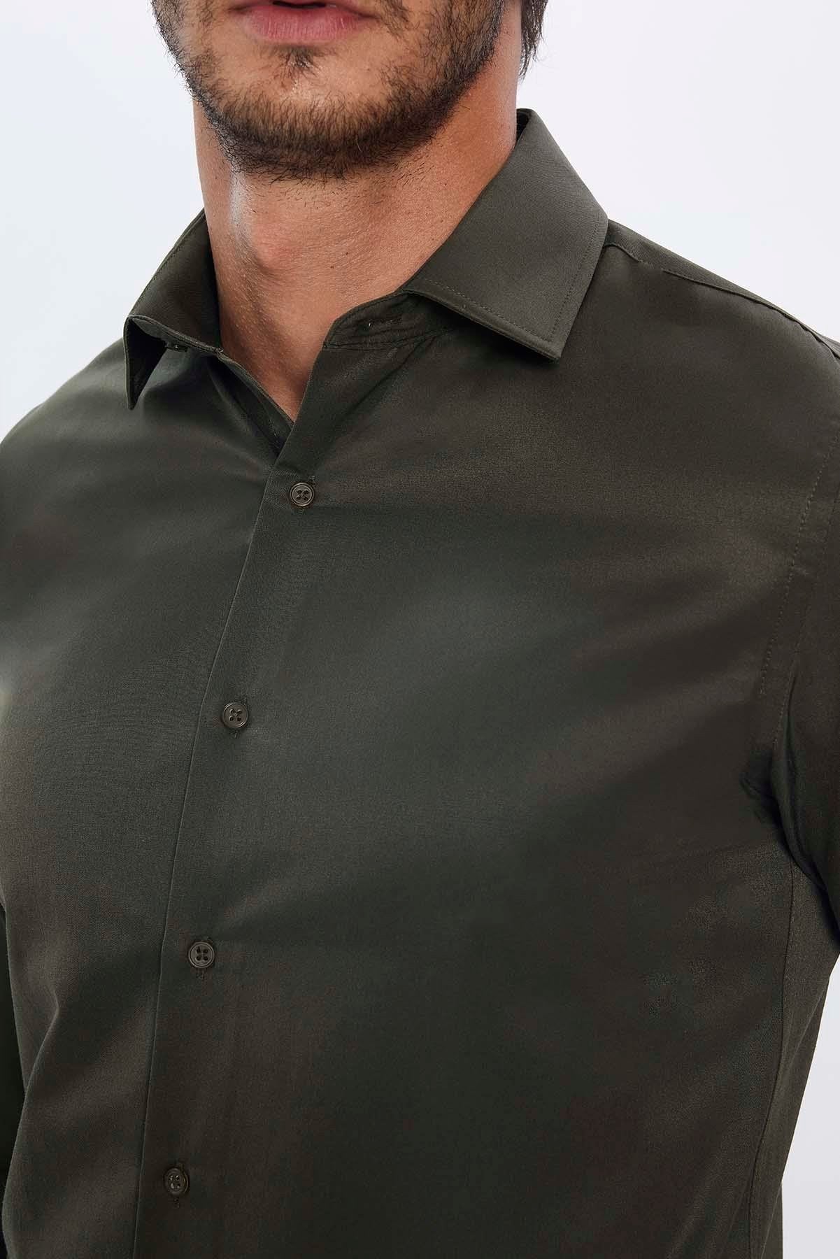 Men's Slim Fit Button-Down Cotton Blend Dress Shirt - Dimi Dotti - Khaki Green - Image 5