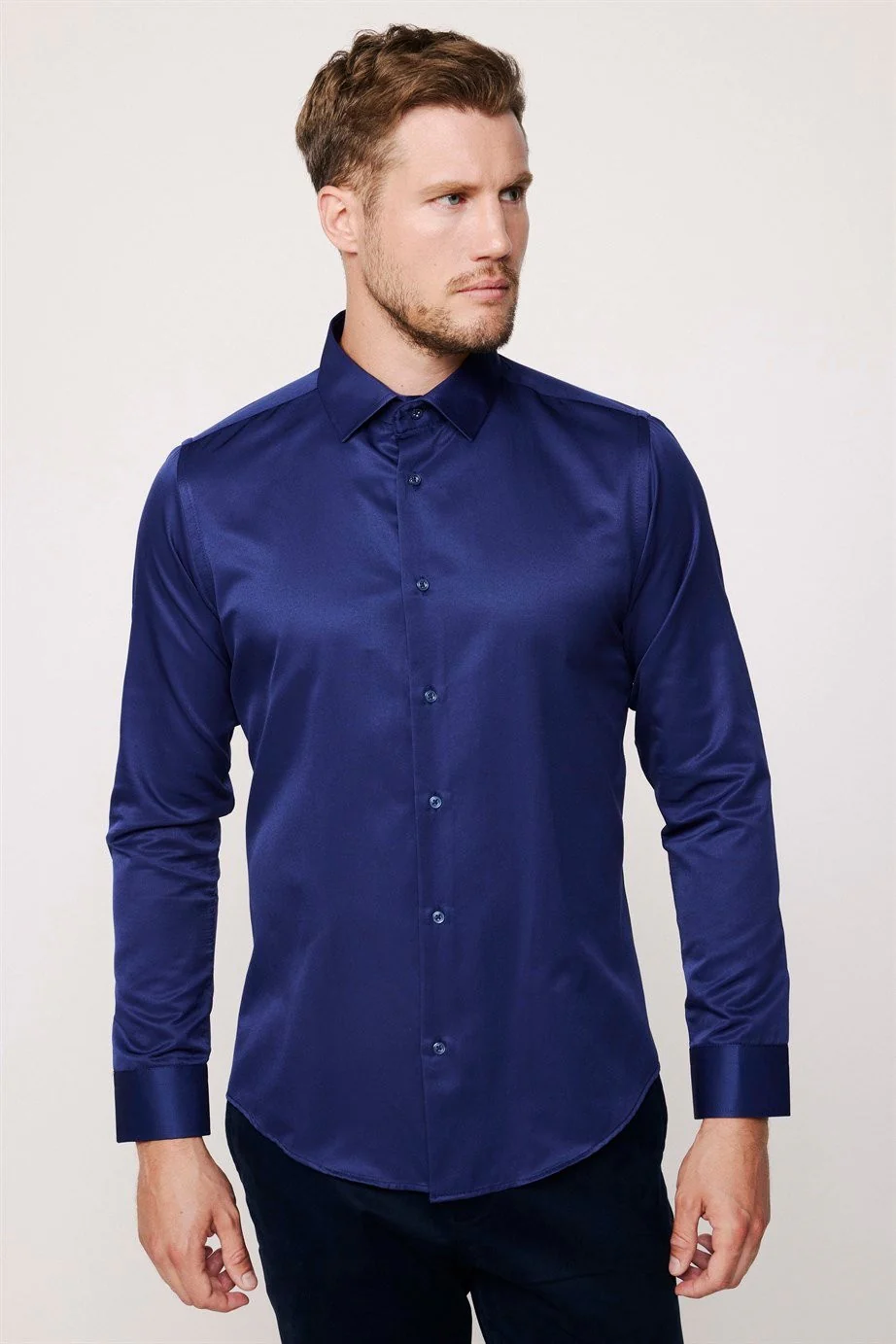 Men's Slim Fit Button-Down Cotton Blend Dress Shirt - Dimi Dotti - Night Blue