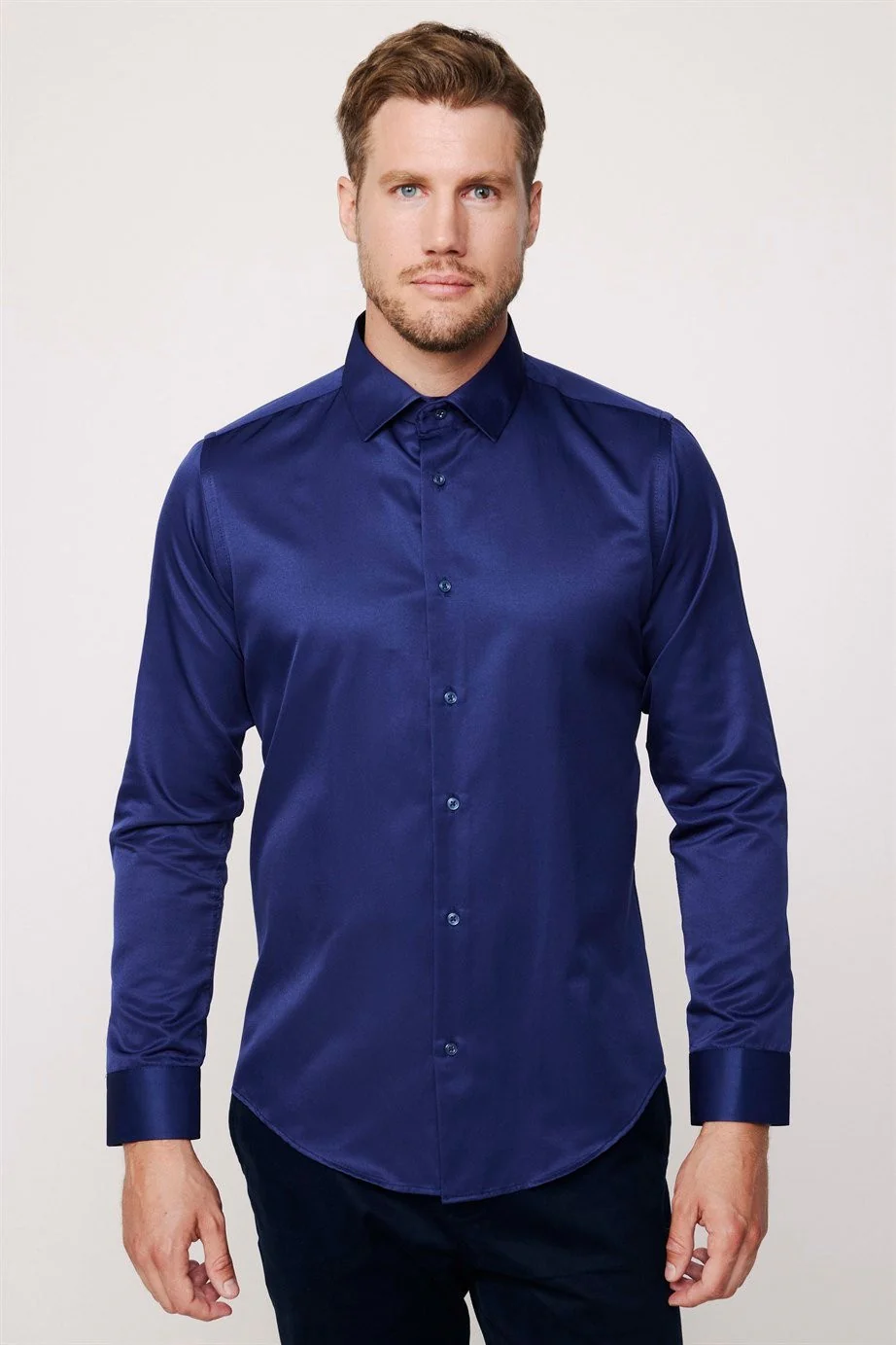 Men's Slim Fit Button-Down Cotton Blend Dress Shirt - Dimi Dotti - Night Blue - Image 2