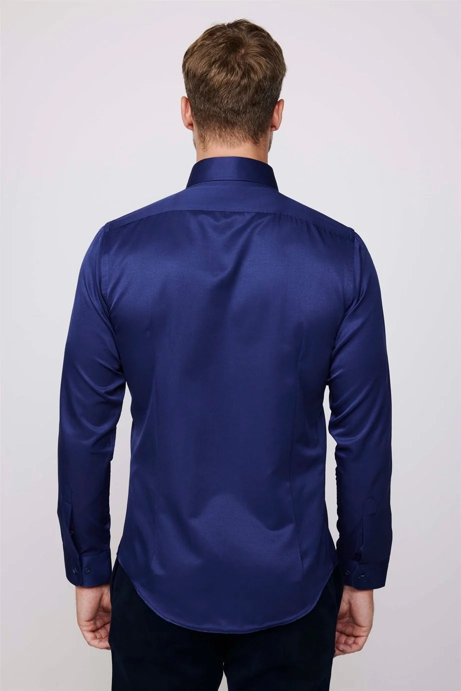 Men's Slim Fit Button-Down Cotton Blend Dress Shirt - Dimi Dotti - Night Blue - Image 3