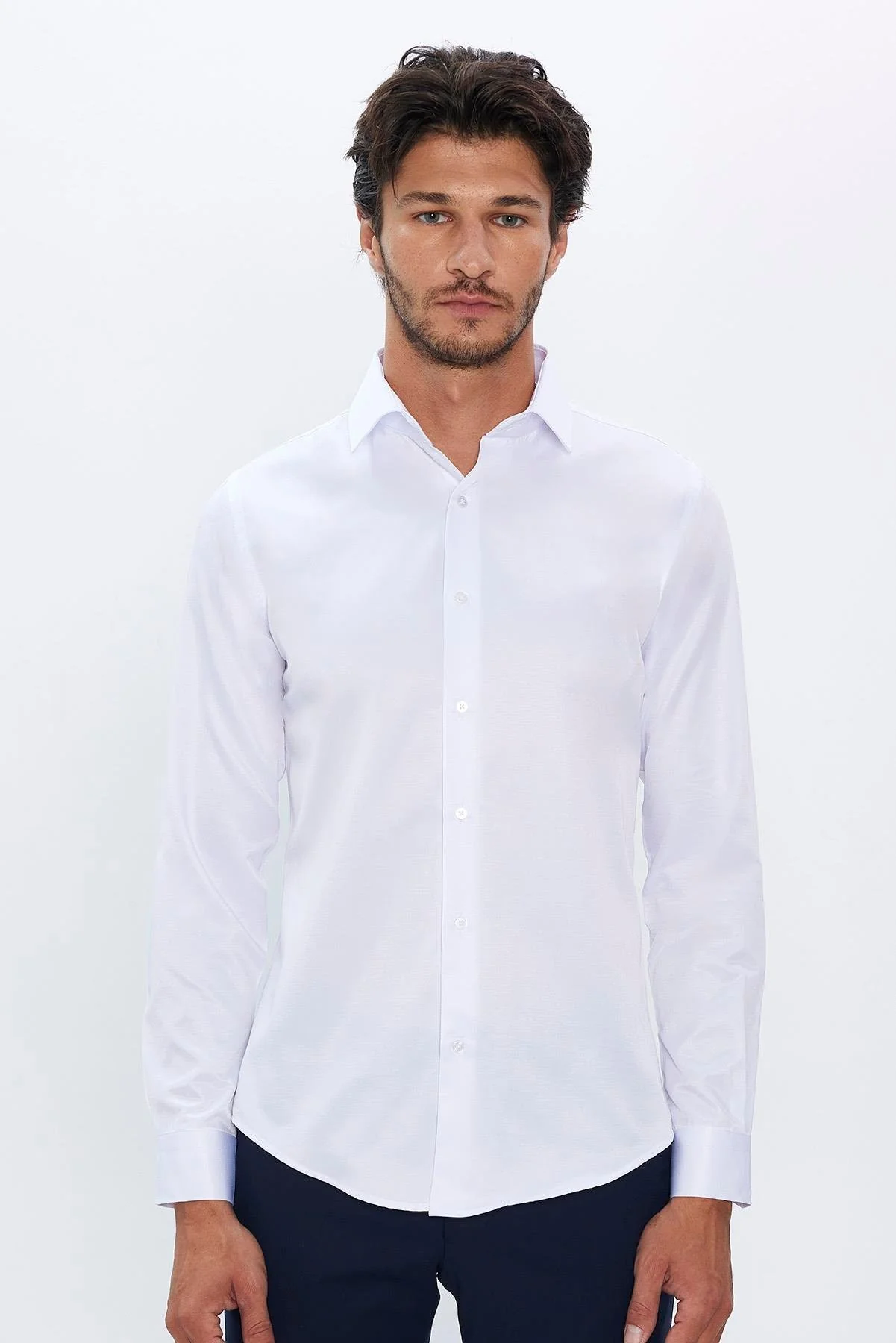 Men's Slim Fit Button-Down Cotton Blend Dress Shirt - Dimi Dotti - White - Image 2