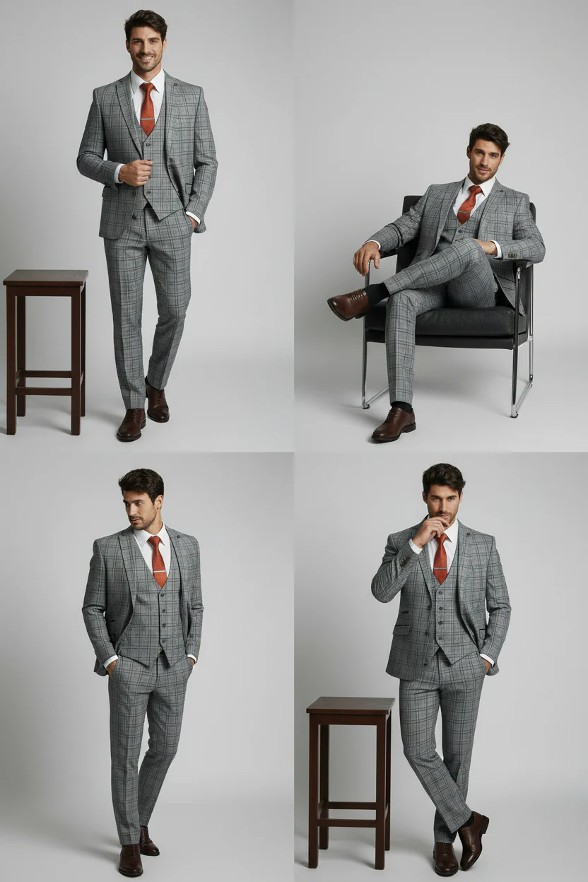 Men's Slim Fit Check 3PC Suit - MARCELLO - Grey - Image 6