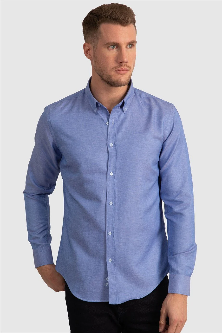 Men's Slim Fit Cotton Button-Down Oxford Shirt - GABARDIN - Blue - Image 2