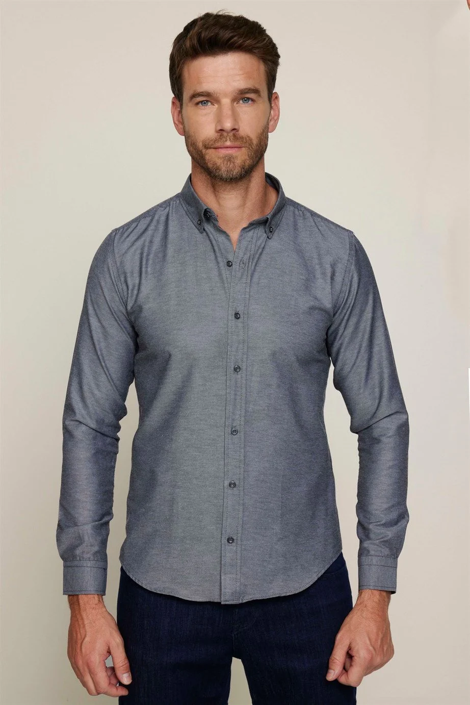 Men's Slim Fit Cotton Button-Down Oxford Shirt - GABARDIN - Grey - Image 2