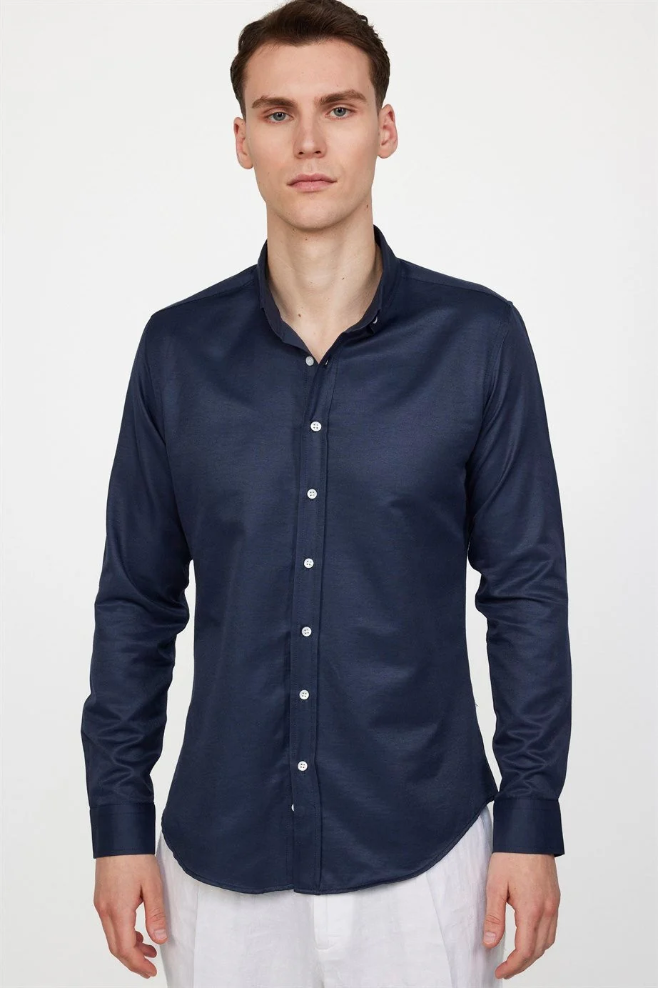 Men's Slim Fit Cotton Button-Down Oxford Shirt - GABARDIN - Navy - Image 2