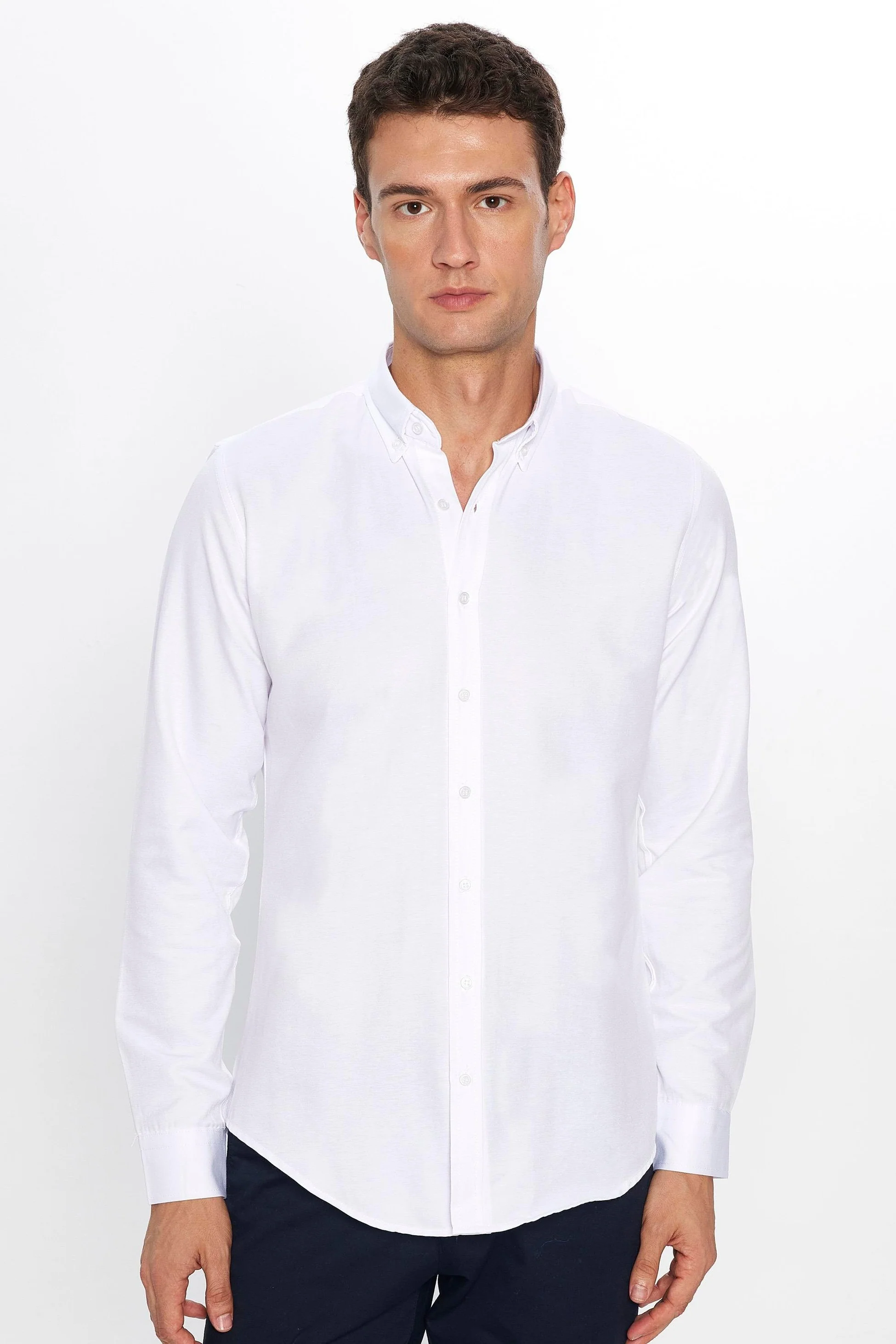 Men's Slim Fit Cotton Button-Down Oxford Shirt - GABARDIN - White - Image 2