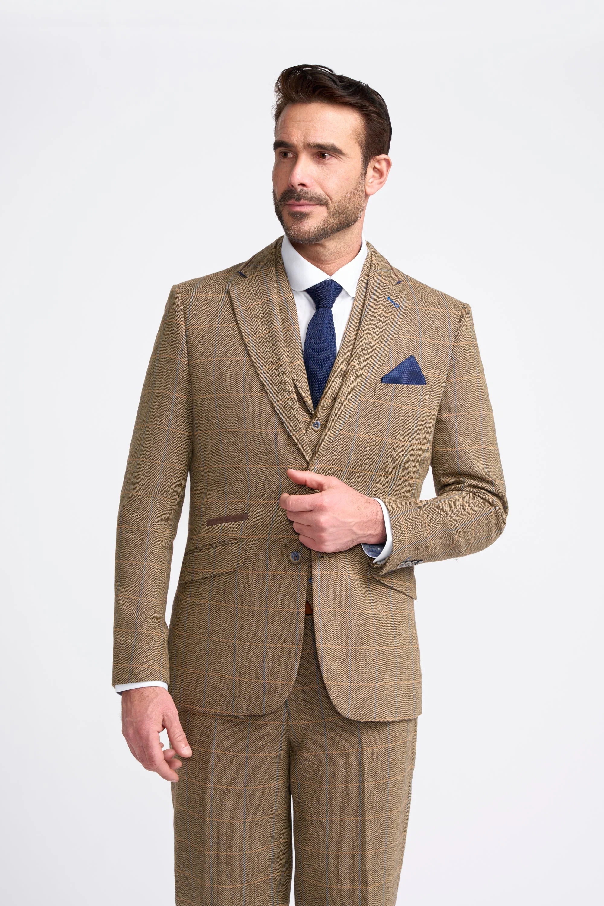 Men's Wool Blend Herringbone Check Suit Jacket - Albert - Tan Brown