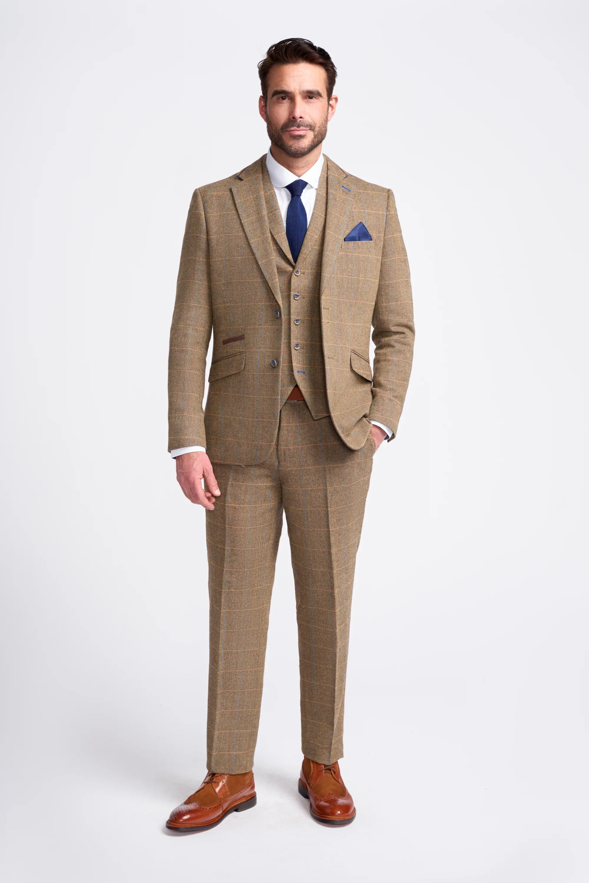 Men's Wool Blend Herringbone Check Suit Jacket - Albert - Tan Brown - Image 2
