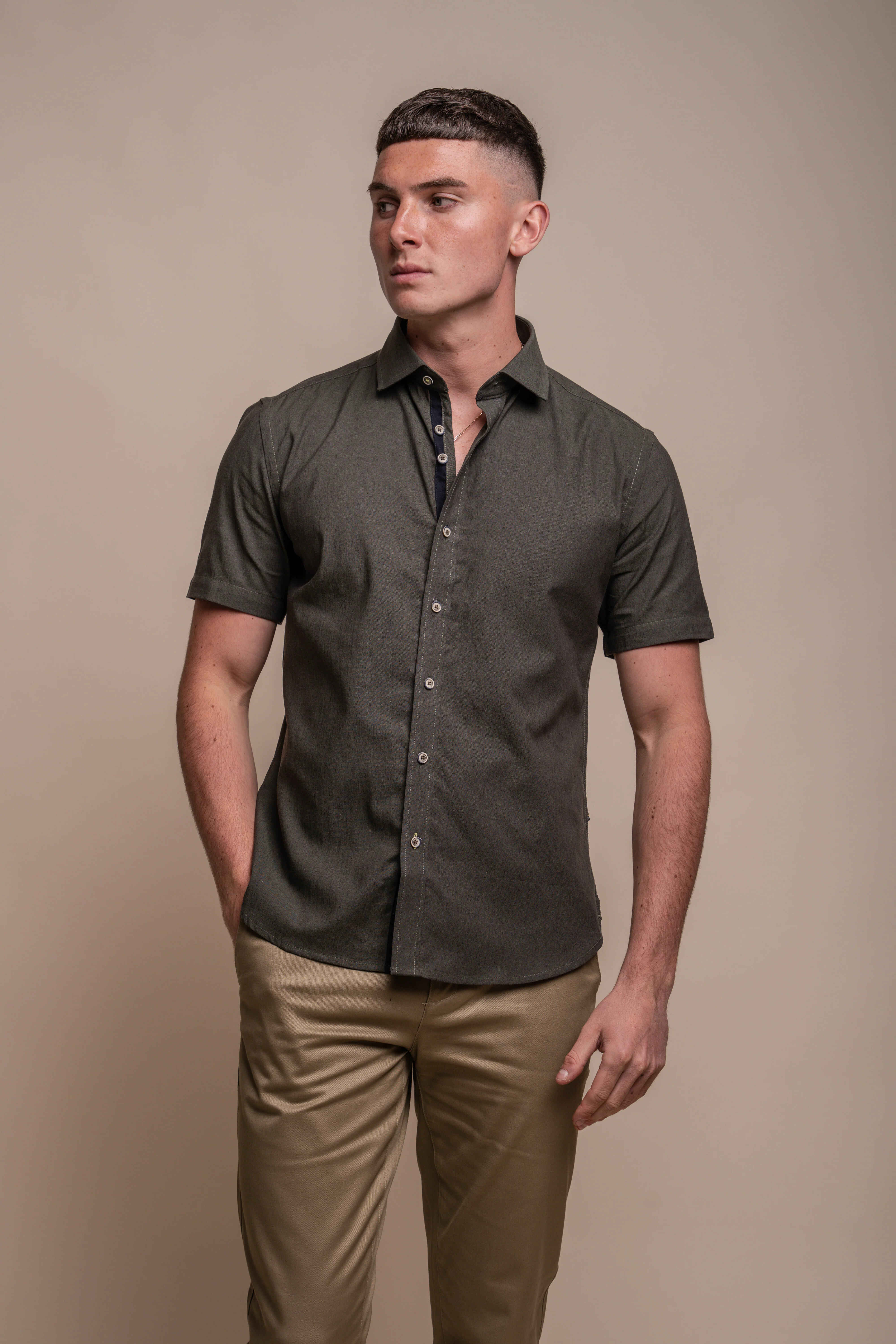 Men's Slim Fit Linen Blend Short Sleeve Shirt - FUEGO - Green