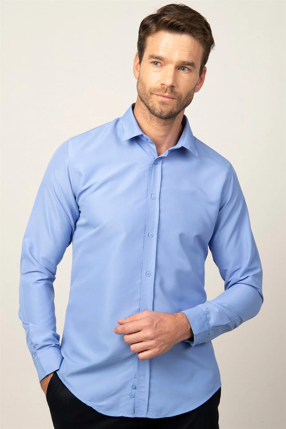 Men's Slim Fit Long Sleeve Dress Shirt - POLY - Blue - Image 2