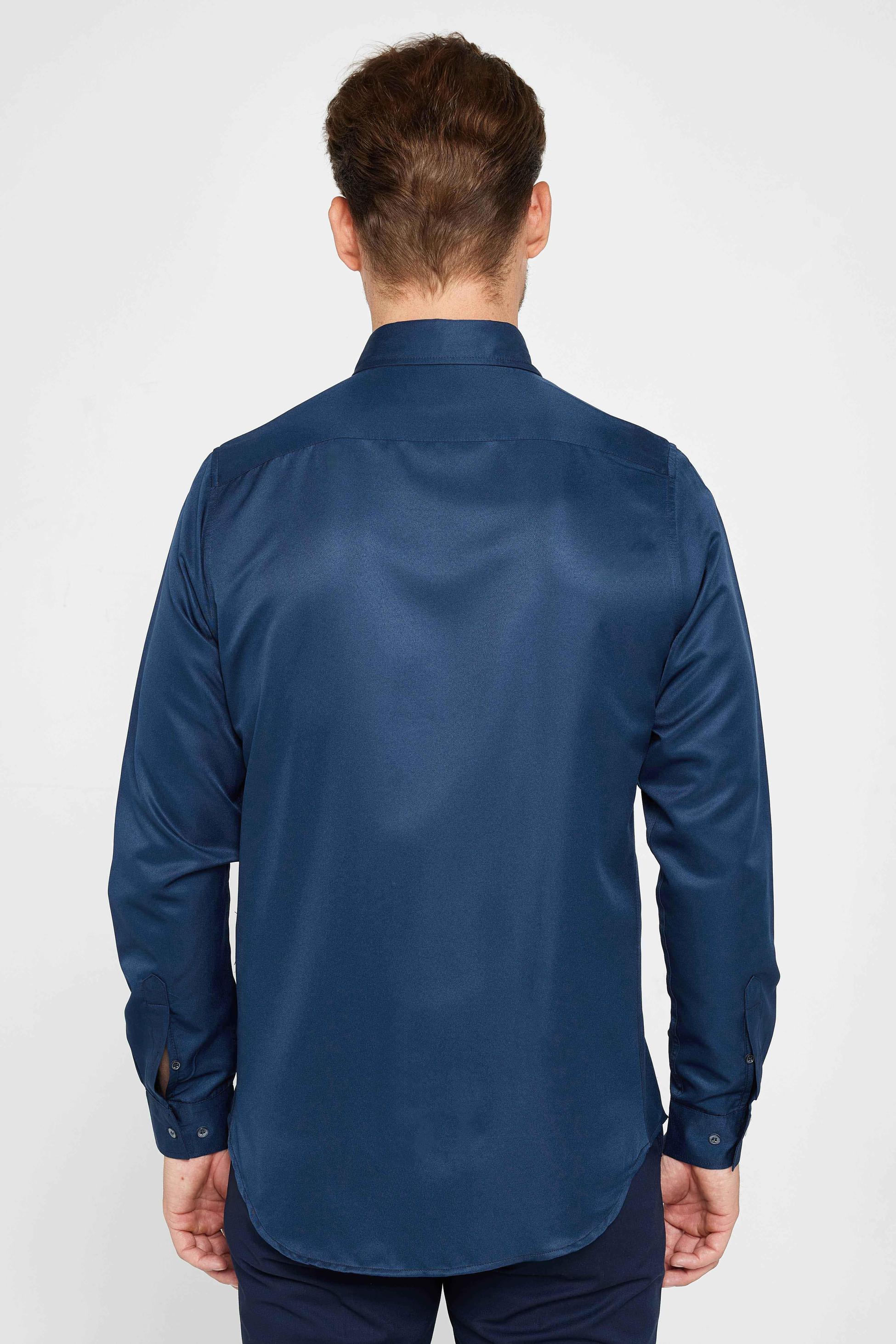 Men's Slim Fit Long Sleeve Dress Shirt - POLY - Navy Blue - Image 3
