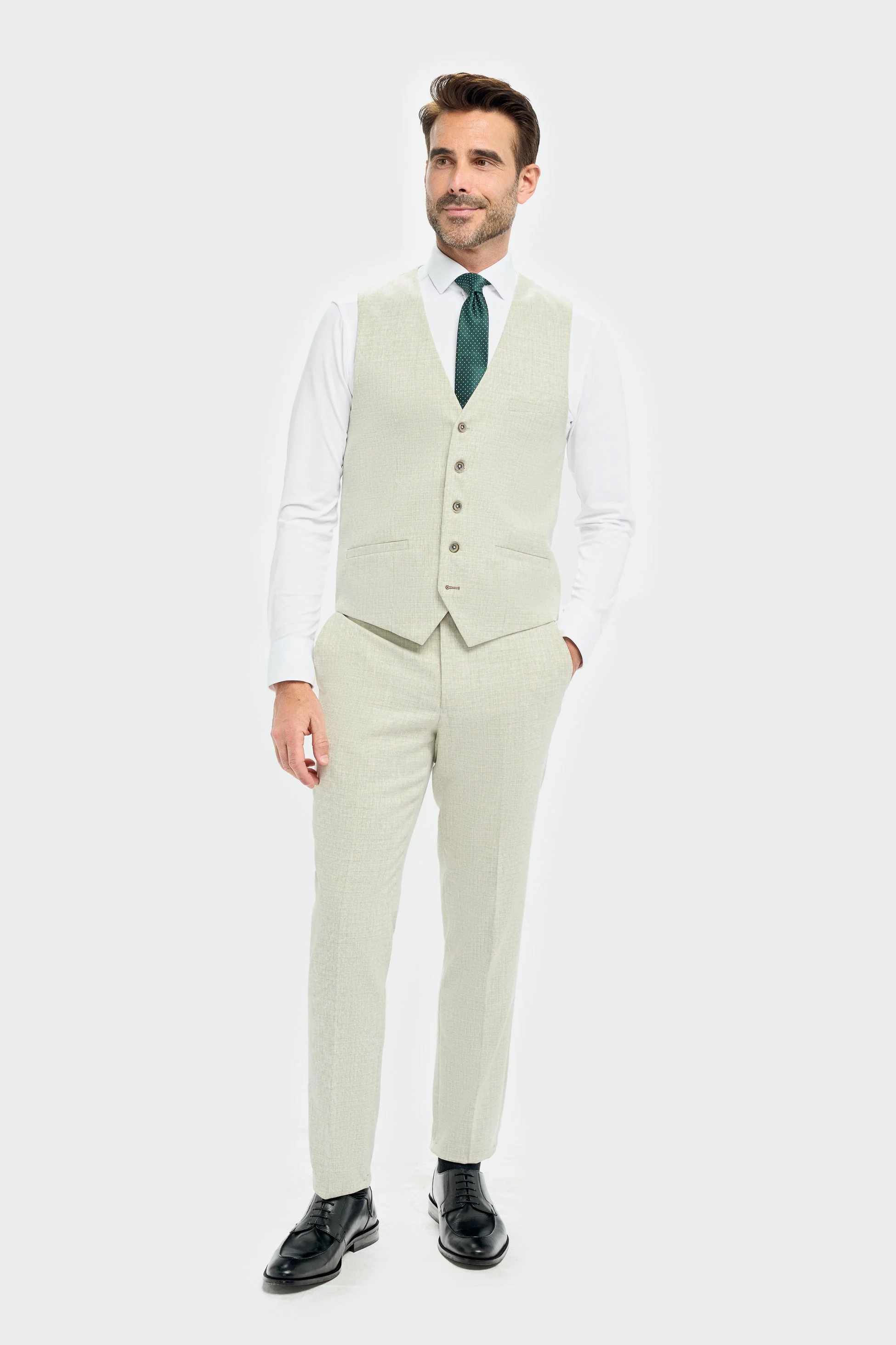 Men’s Slim Fit Textured Formal Waistcoat - Tropez - Sage Green - Image 2