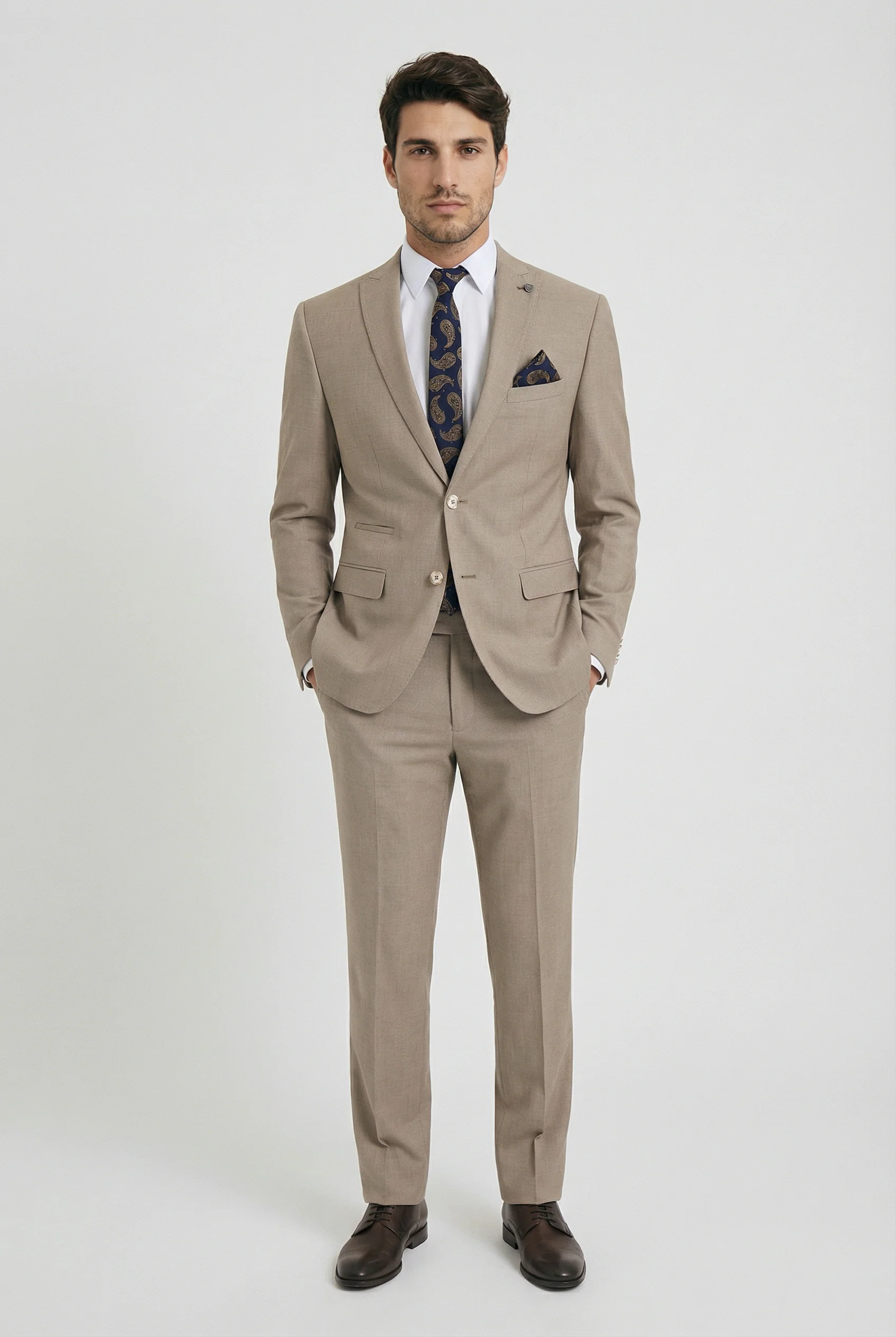 Men's Tailored Fit 2 Piece Suit Classic Special Occasion - JAMES - Taupe Beige - Image 2