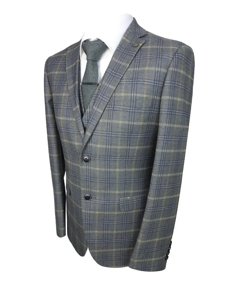 Men's Tailored Fit Retro Check Suit - KENNETH - Grey - Gold - Image 4