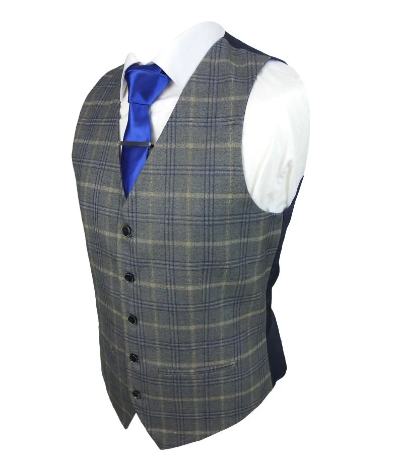 Men's Tailored Fit Retro Check Suit - KENNETH - Grey - Gold - Image 6