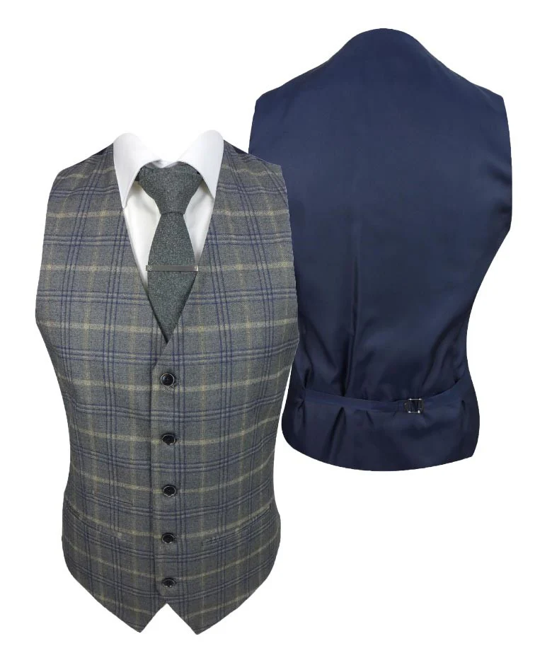 Men's Tailored Fit Retro Check Suit - KENNETH - Grey - Gold - Image 8