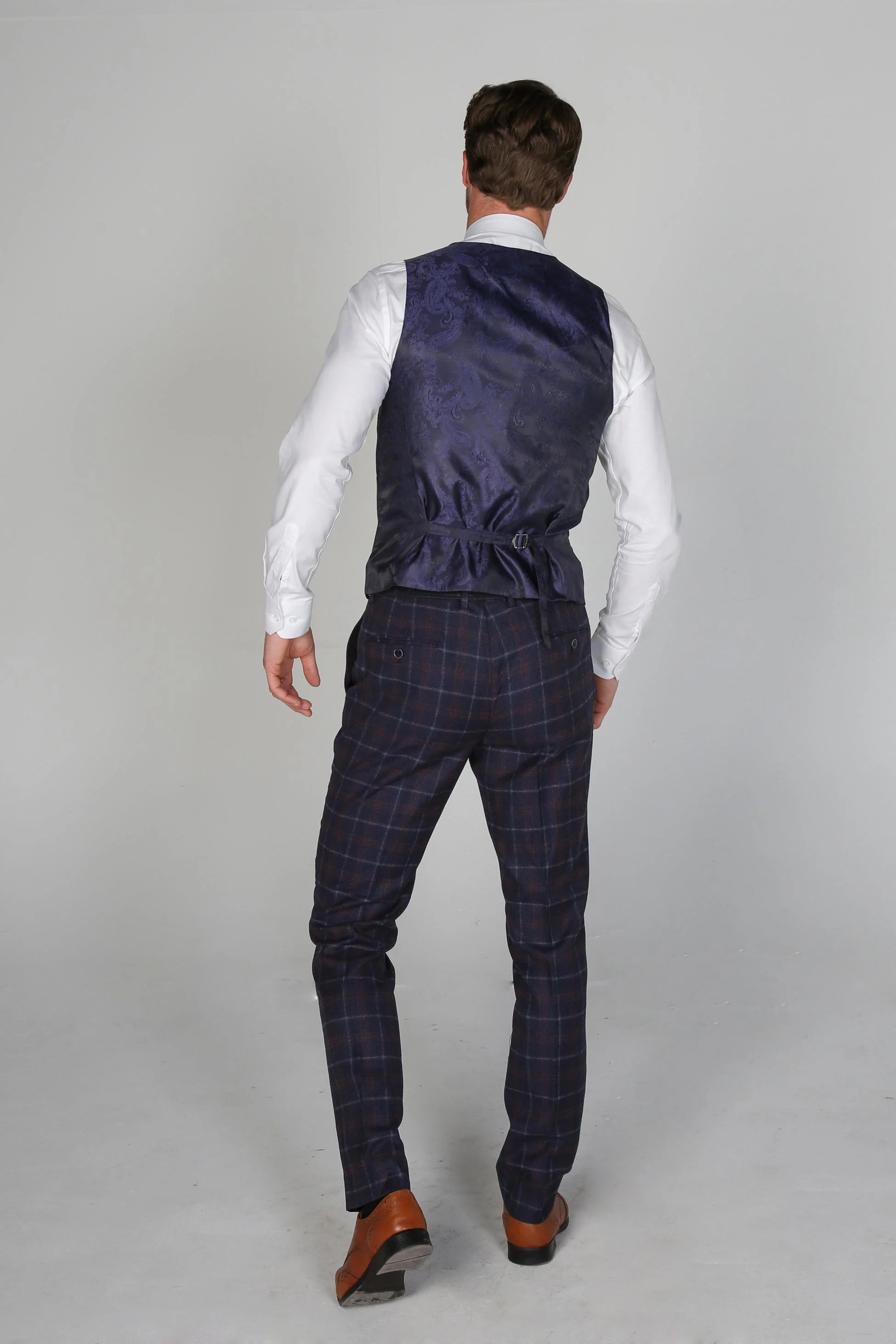 Men's Tailored Fit Retro Check Suit - KENNETH - Navy Blue - Maroon - Image 8