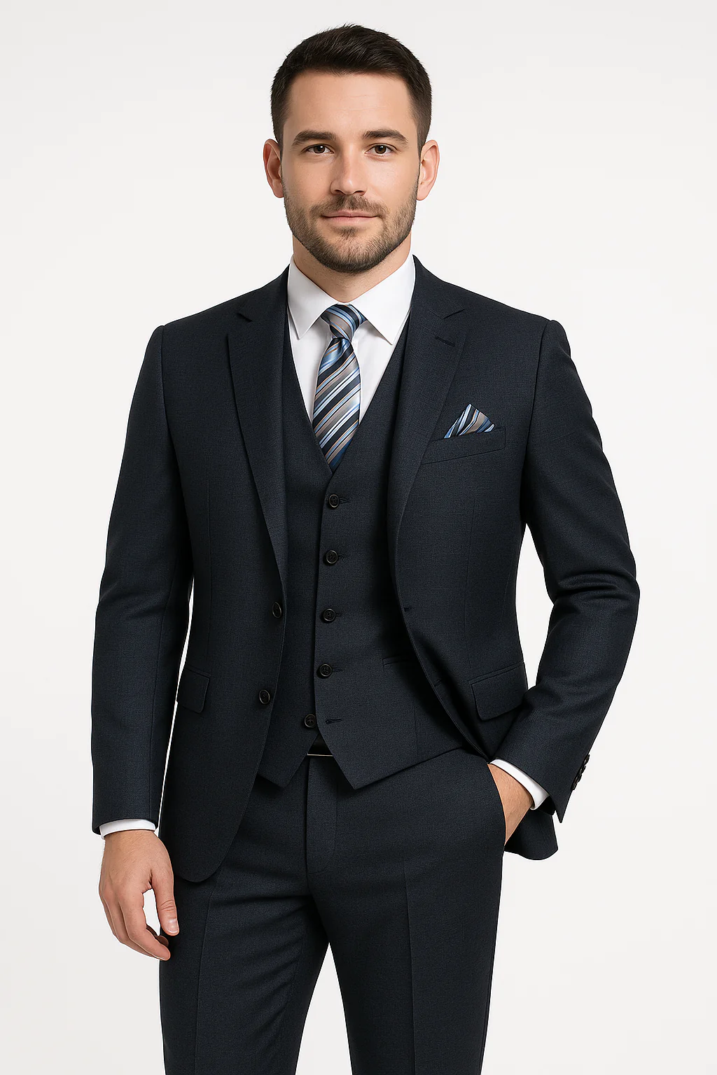 Men's Textured Tailored Fit Suit - ADRIAN - Navy Blue