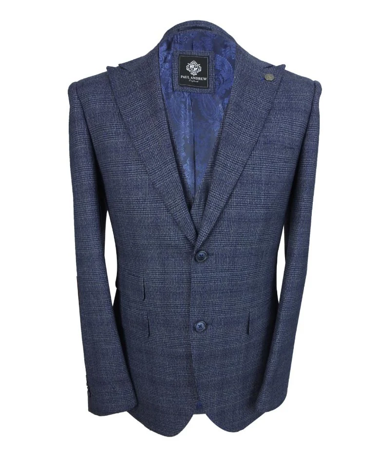 Men's Tweed Check Blue Suit - GRAHAM - Blue - Image 7