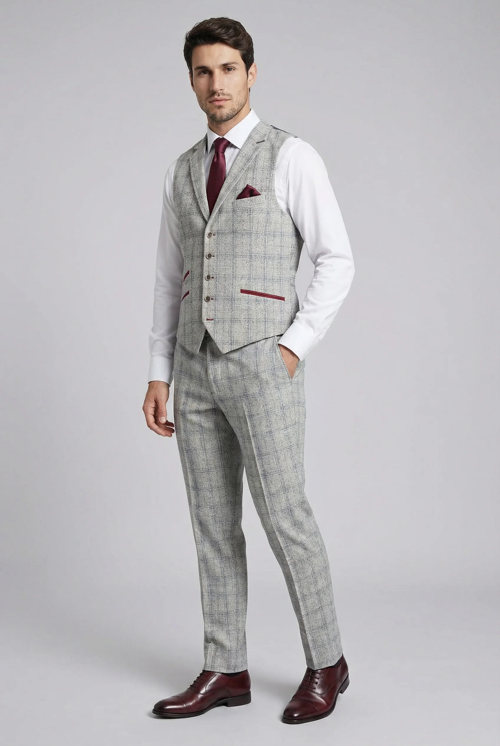 Men's Tweed Check Slim Fit Grey Waistcoat - ANDREW - Grey - Image 2