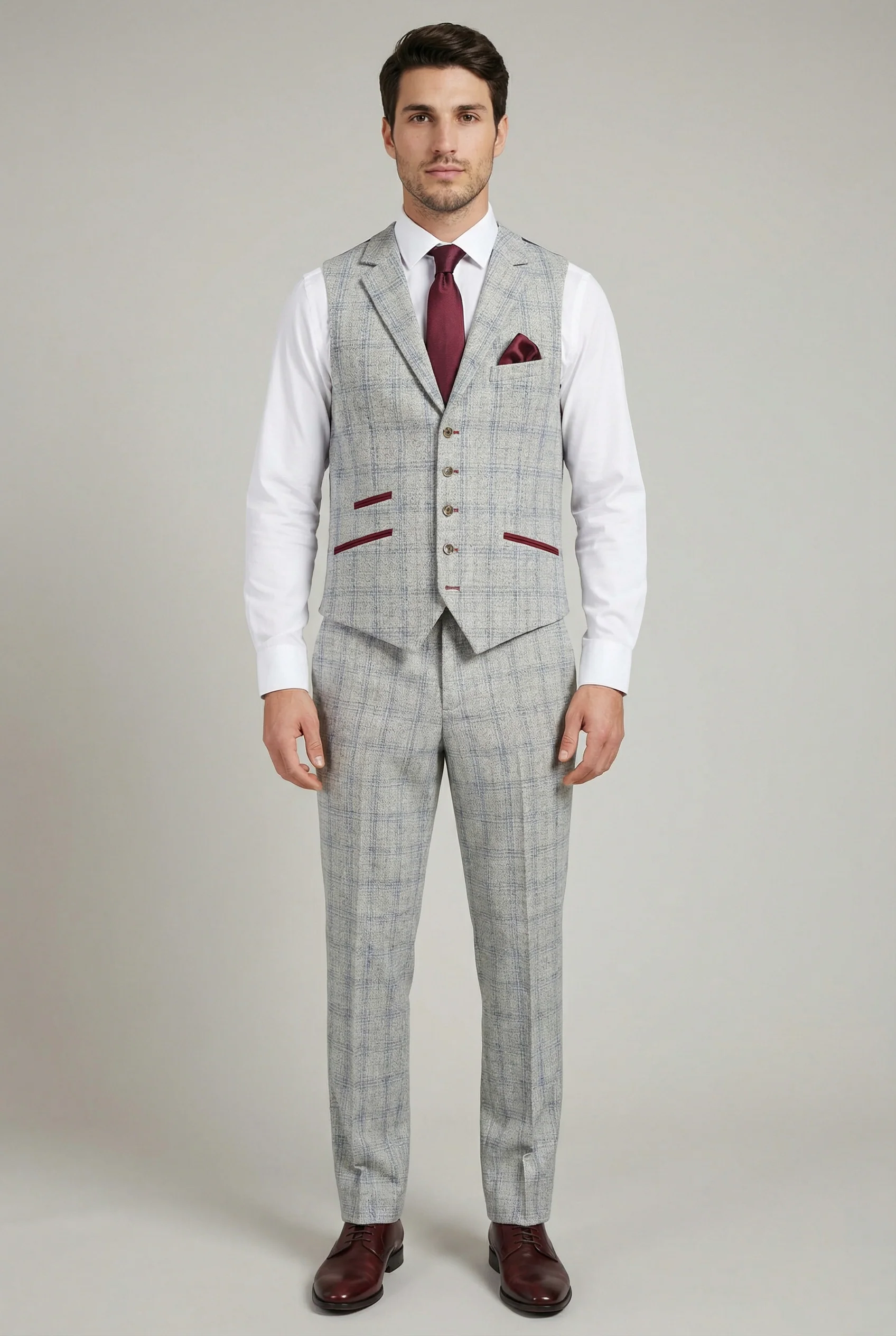 Men's Tweed Check Slim Fit Grey Waistcoat - ANDREW - Grey - Image 3