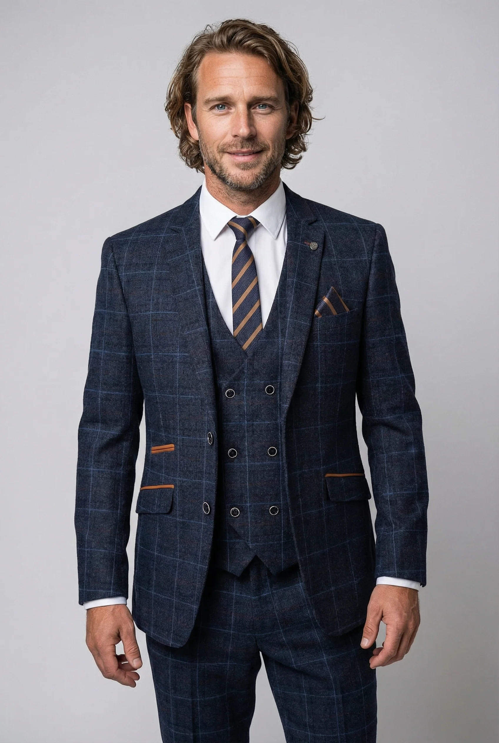 Men's Tailored Fit Retro Check Suit - ANTHONY - Navy Blue