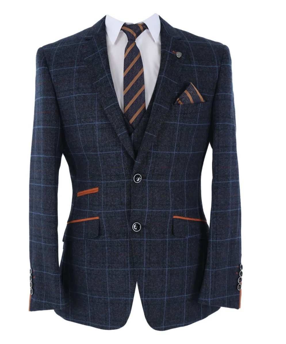 Men's Tailored Fit Retro Check Suit - ANTHONY - Navy Blue - Image 10