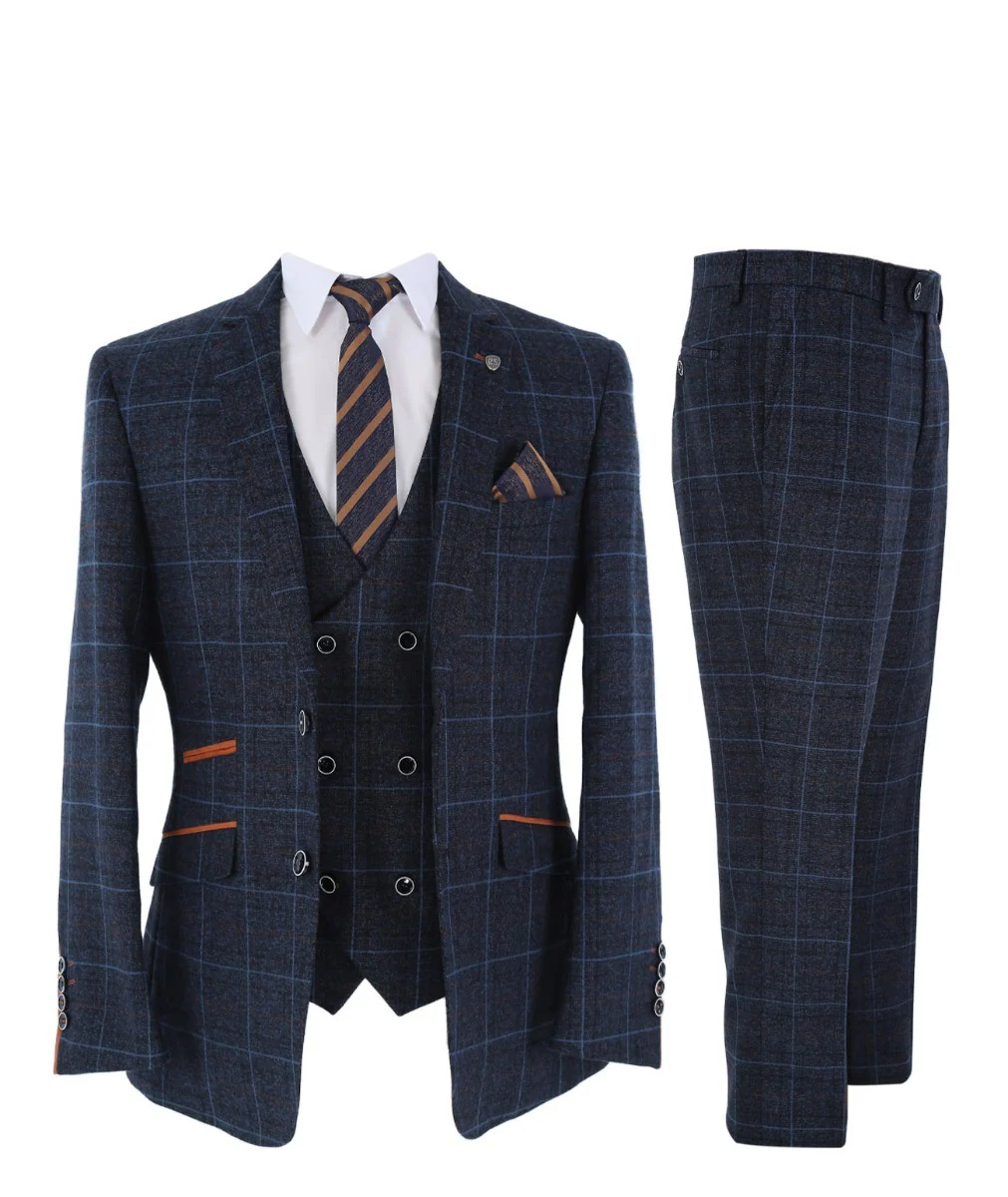 Men's Tailored Fit Retro Check Suit - ANTHONY - Navy Blue - Image 12
