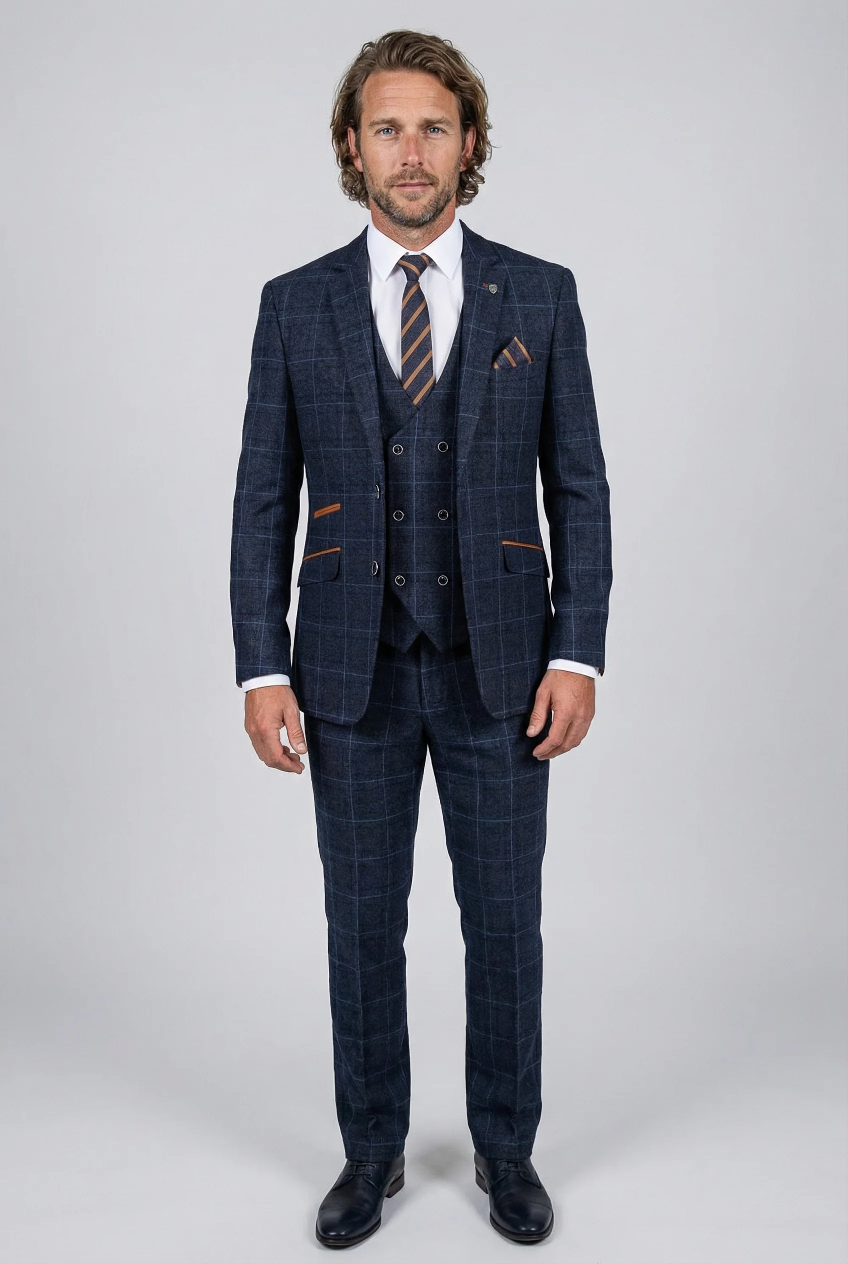 Men's Tailored Fit Retro Check Suit - ANTHONY - Navy Blue - Image 3