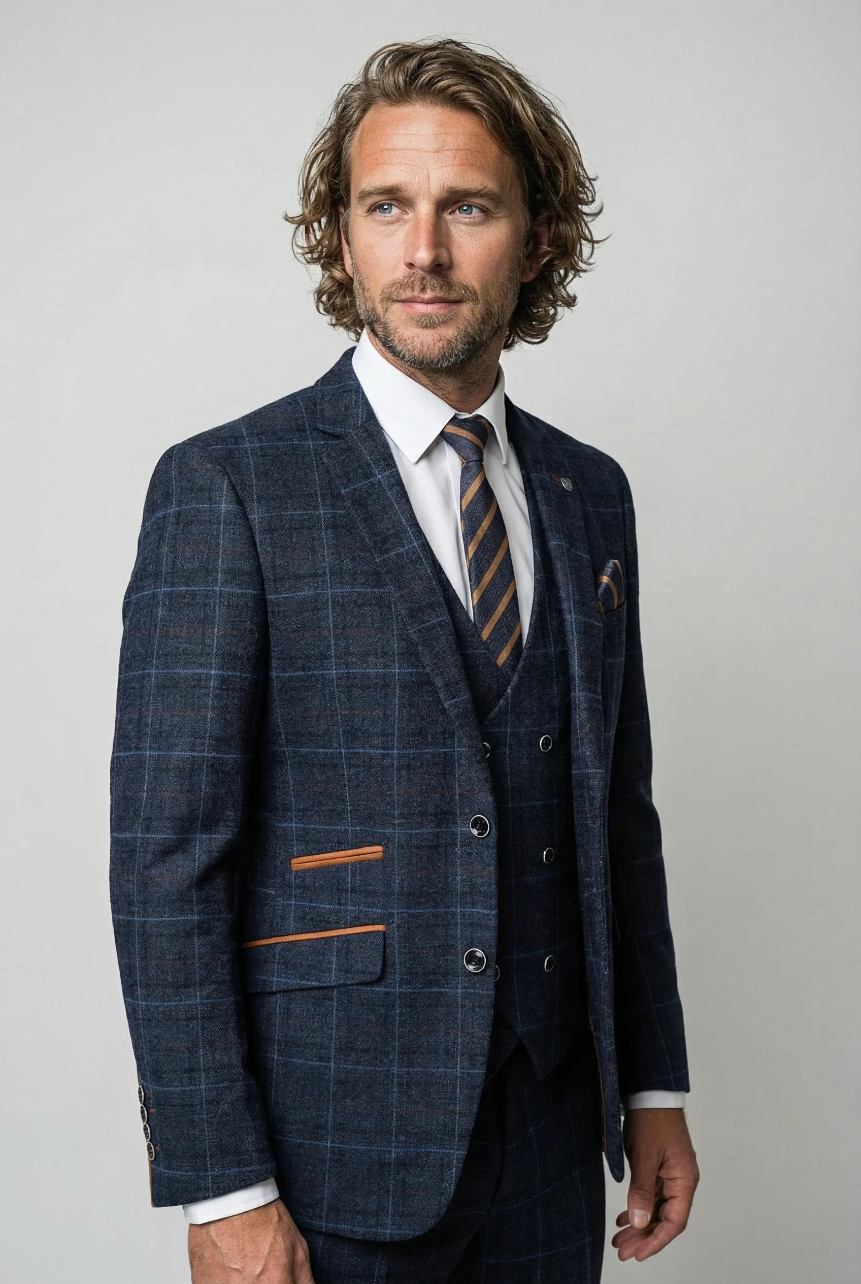 Men's Tailored Fit Retro Check Suit - ANTHONY - Navy Blue - Image 4