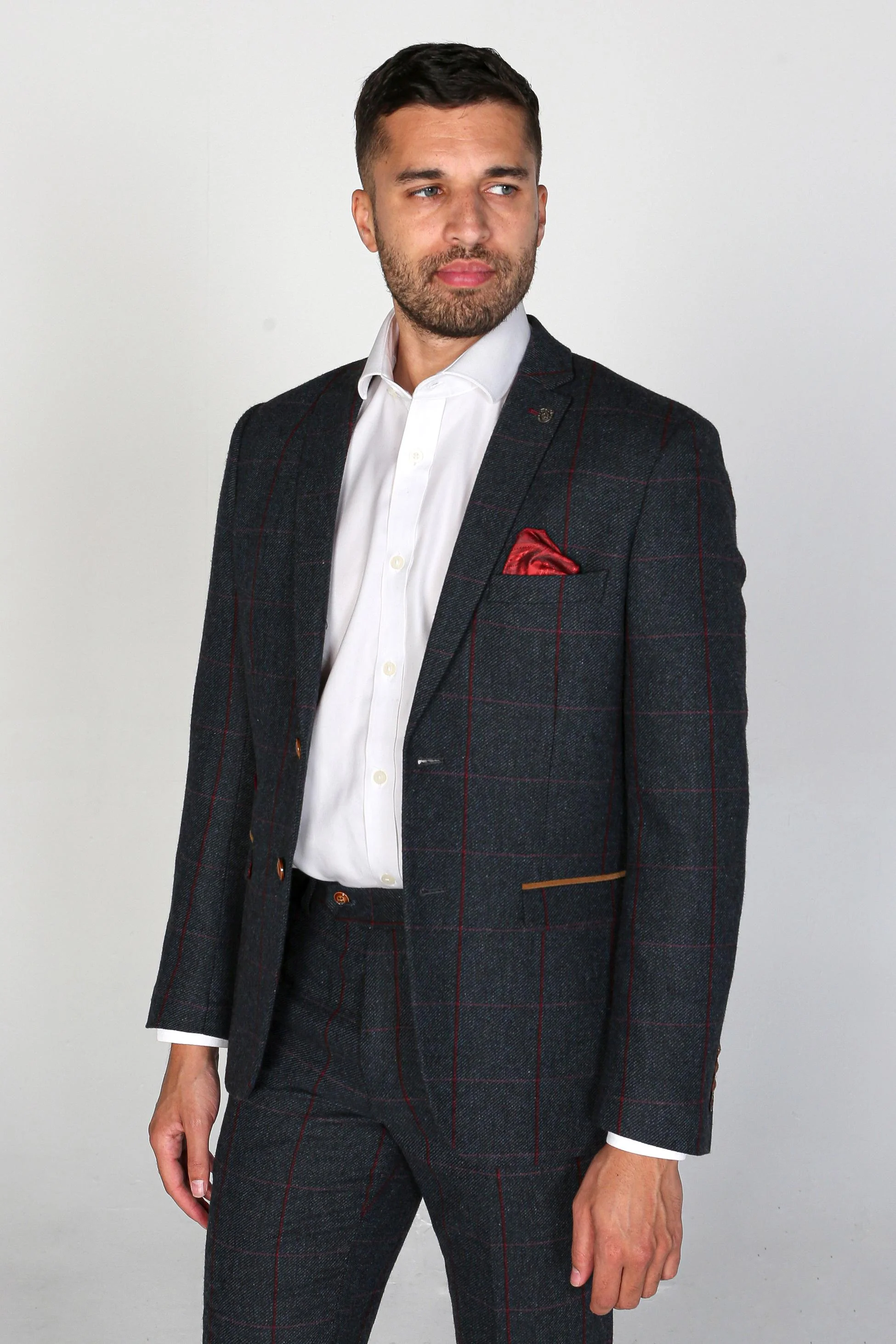 Men's Tweed Windowpane Check Tailored Fit Suit - MADRID - Navy Blue - Image 3