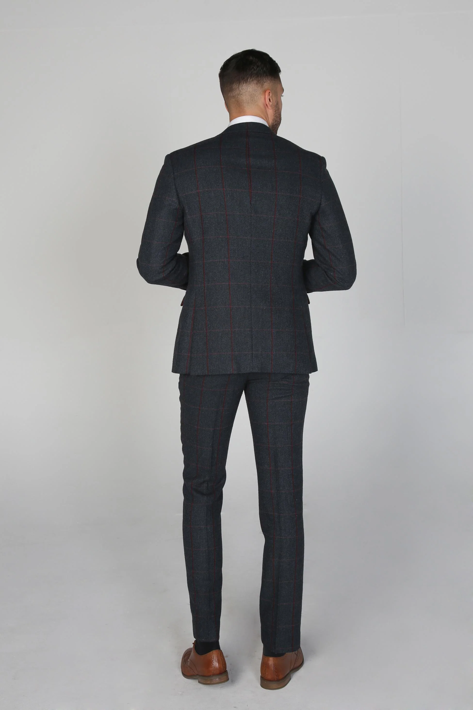 Men's Tweed Windowpane Check Tailored Fit Suit - MADRID - Navy Blue - Image 4