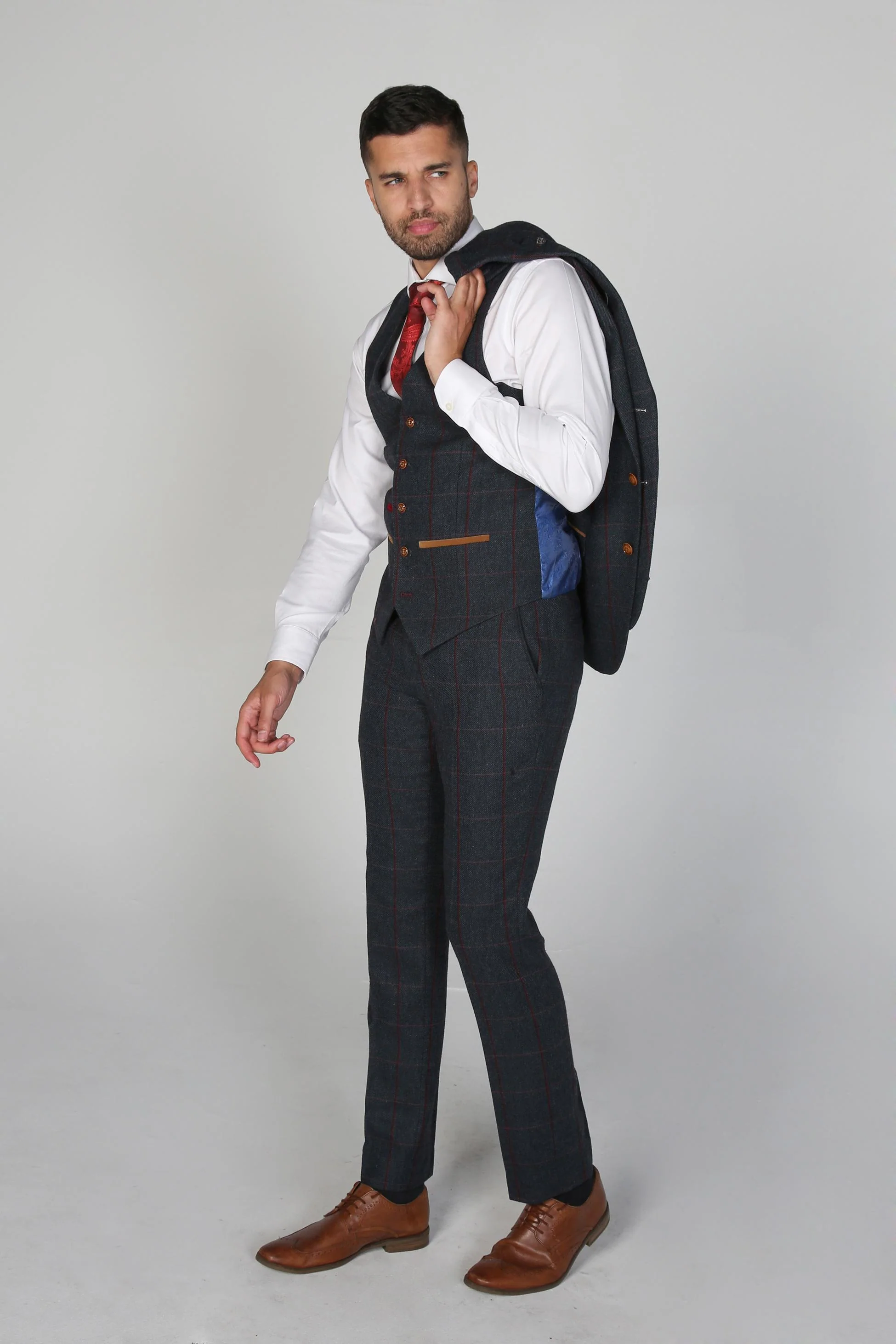 Men's Tweed Windowpane Check Tailored Fit Suit - MADRID - Navy Blue - Image 5