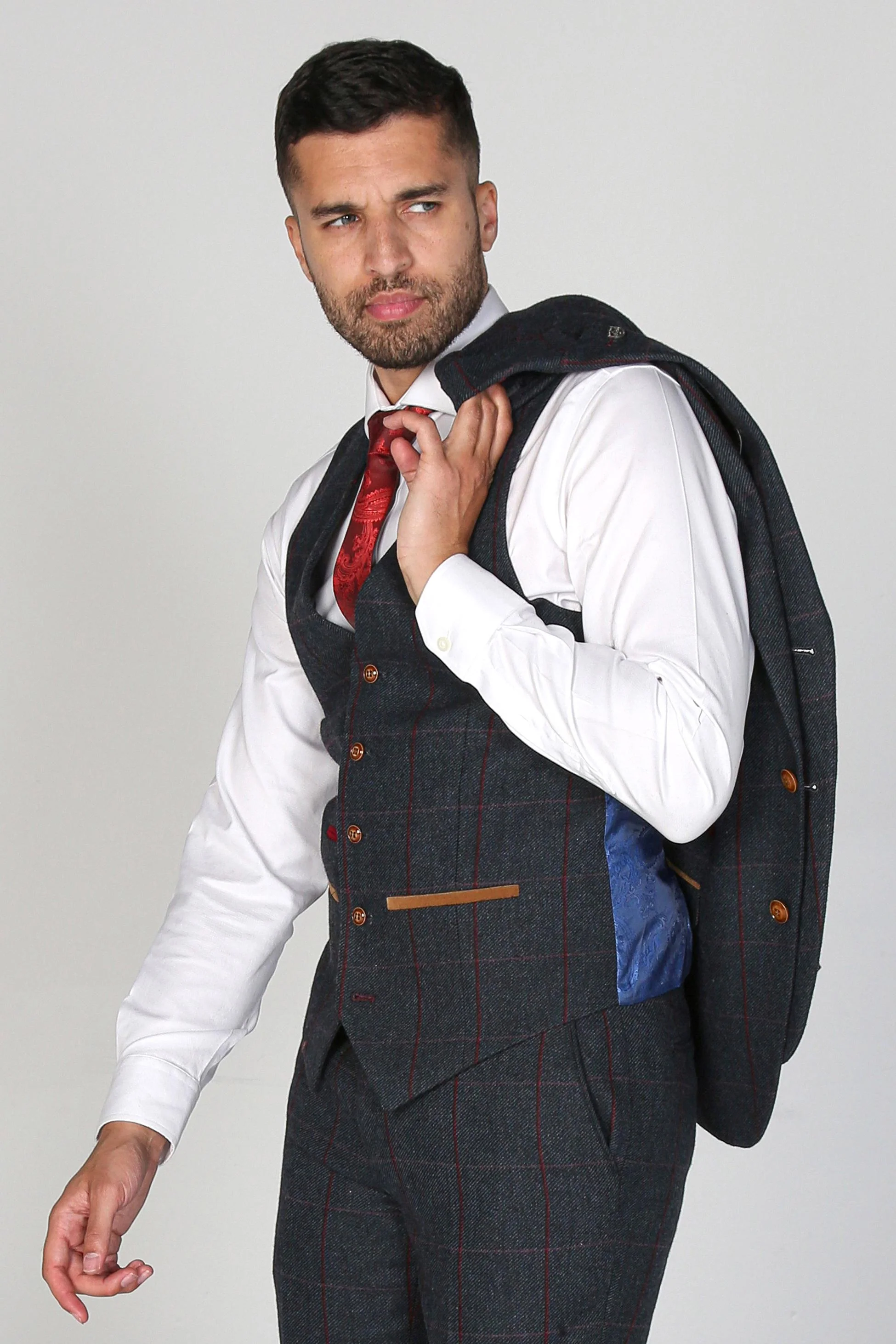 Men's Tweed Windowpane Check Tailored Fit Suit - MADRID - Navy Blue - Image 6