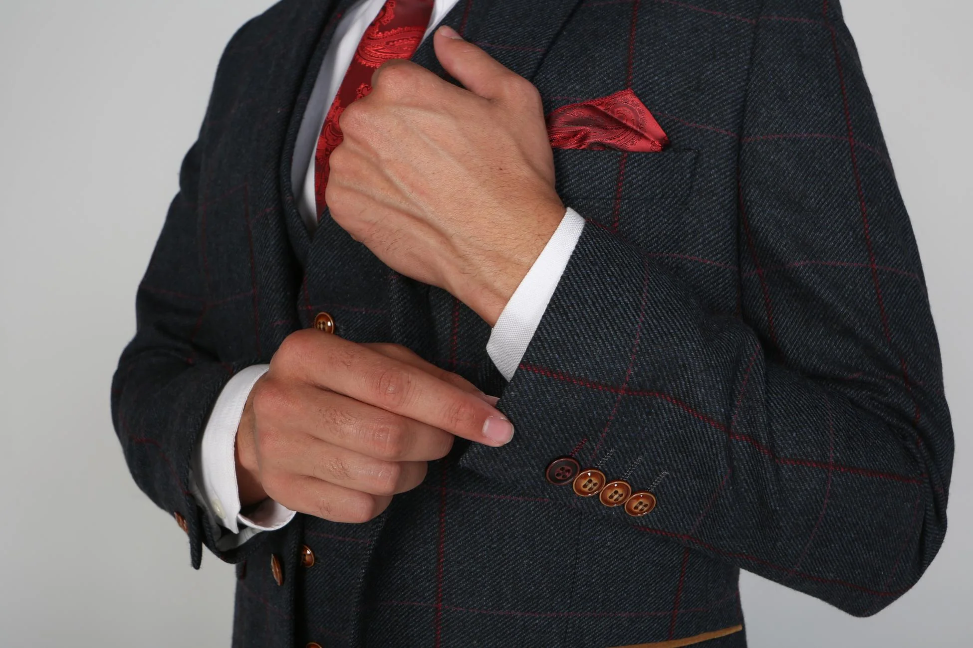 Men's Tweed Windowpane Check Tailored Fit Suit - MADRID - Navy Blue - Image 8