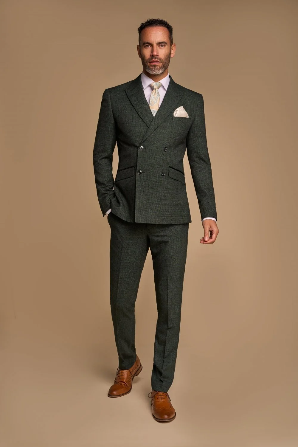Men's Glen Check Double-breasted Suit Jacket - CARIDI - Olive Green - Image 2