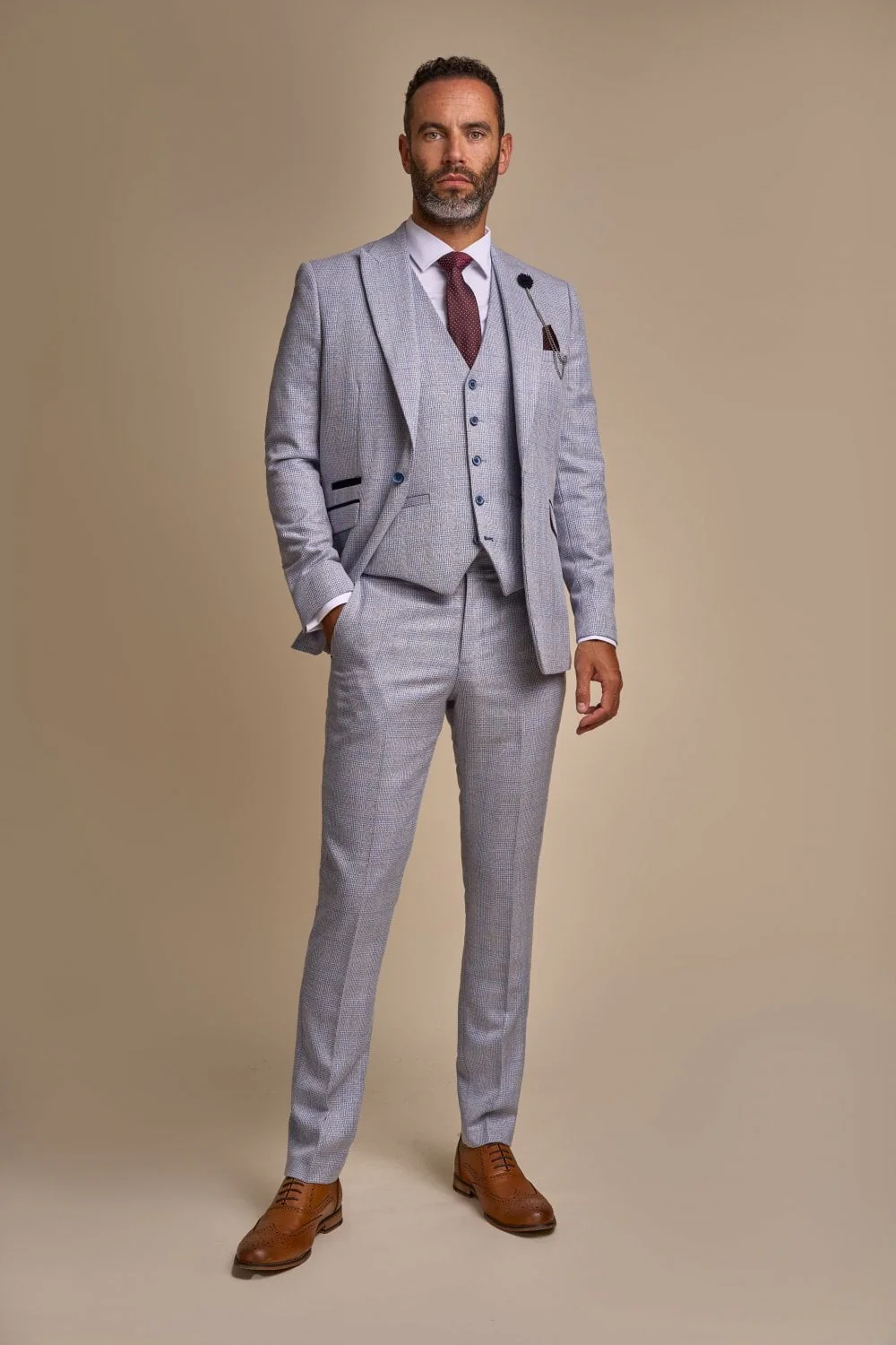 Men's Tweed Glen Check Slim Fit Suit - CARIDI Trousers Length Option - Sky Blue - Image 2