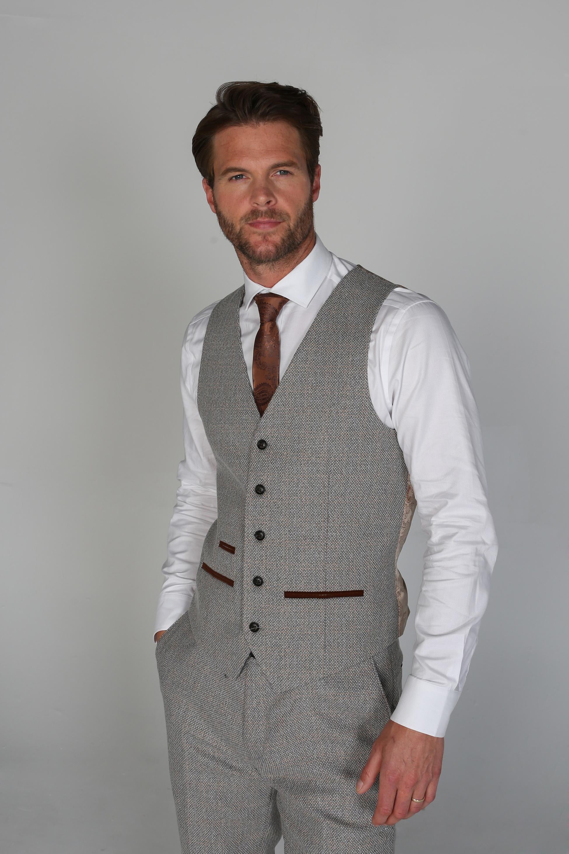 Men's Tweed-Like Tailored Fit Formal Suit - RALPH - Cream - Image 5